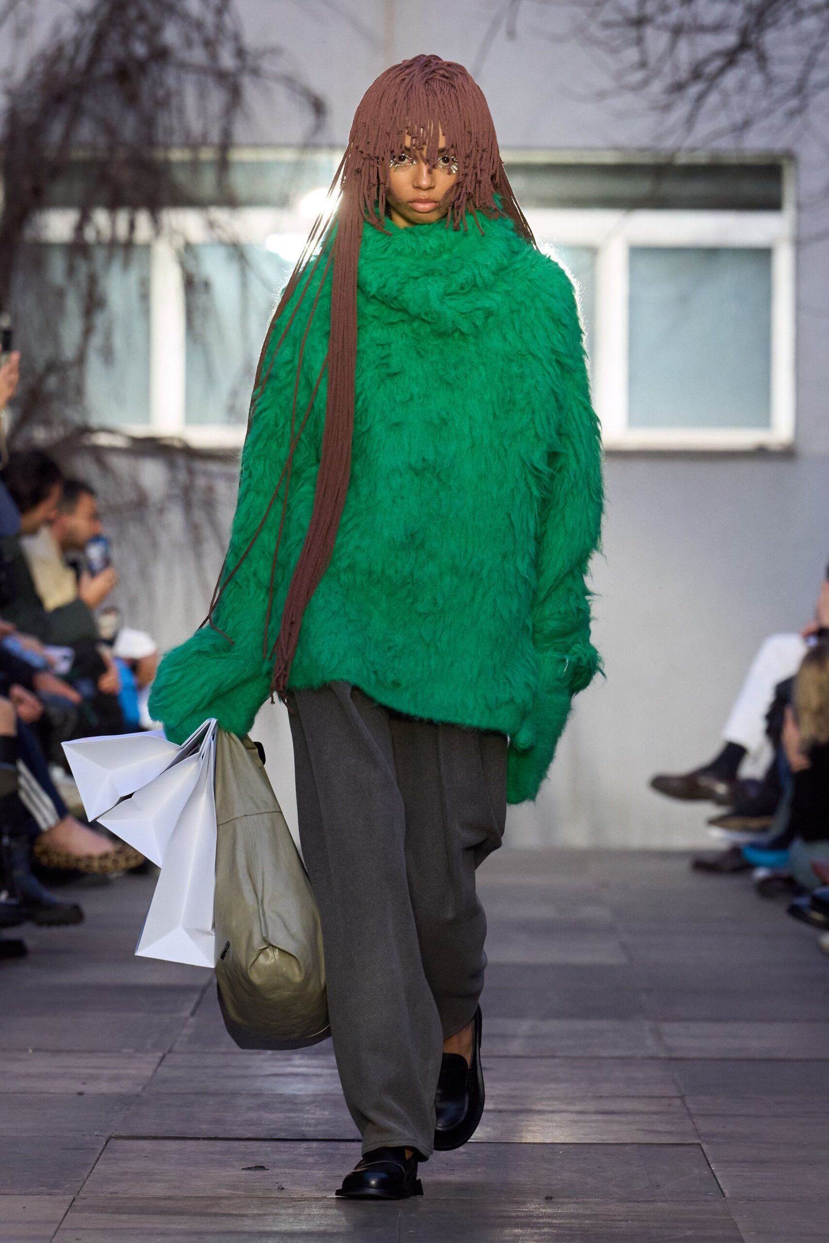 green fur long-sleeve high-neck relaxed textured sweater