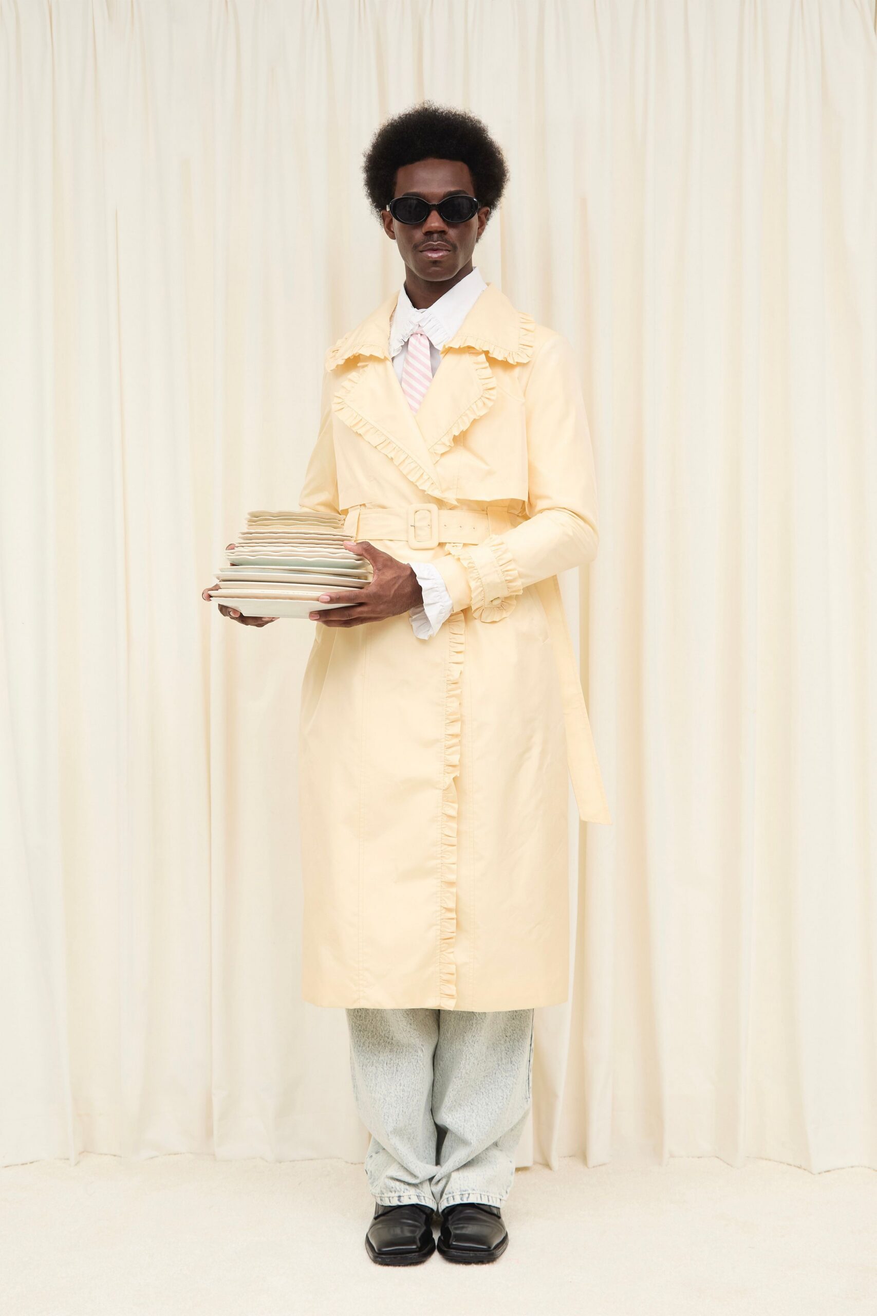 yellow cotton long-sleeve collared fitted ruffled belted trench
