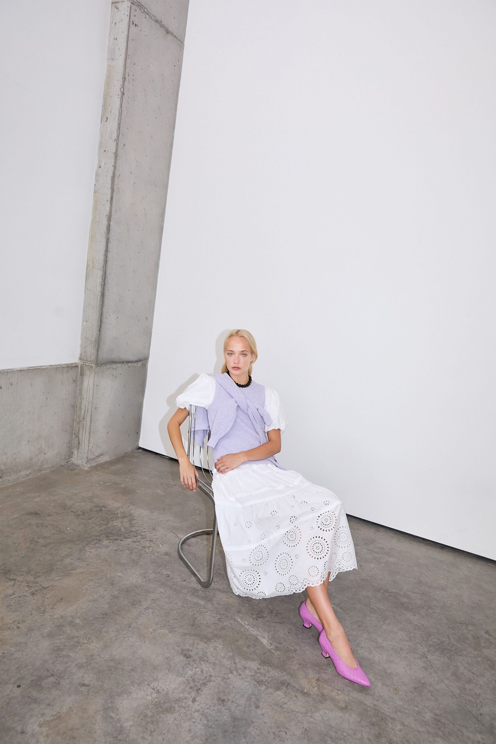 white cotton long-sleeve relaxed embroidered tiered midi skirt