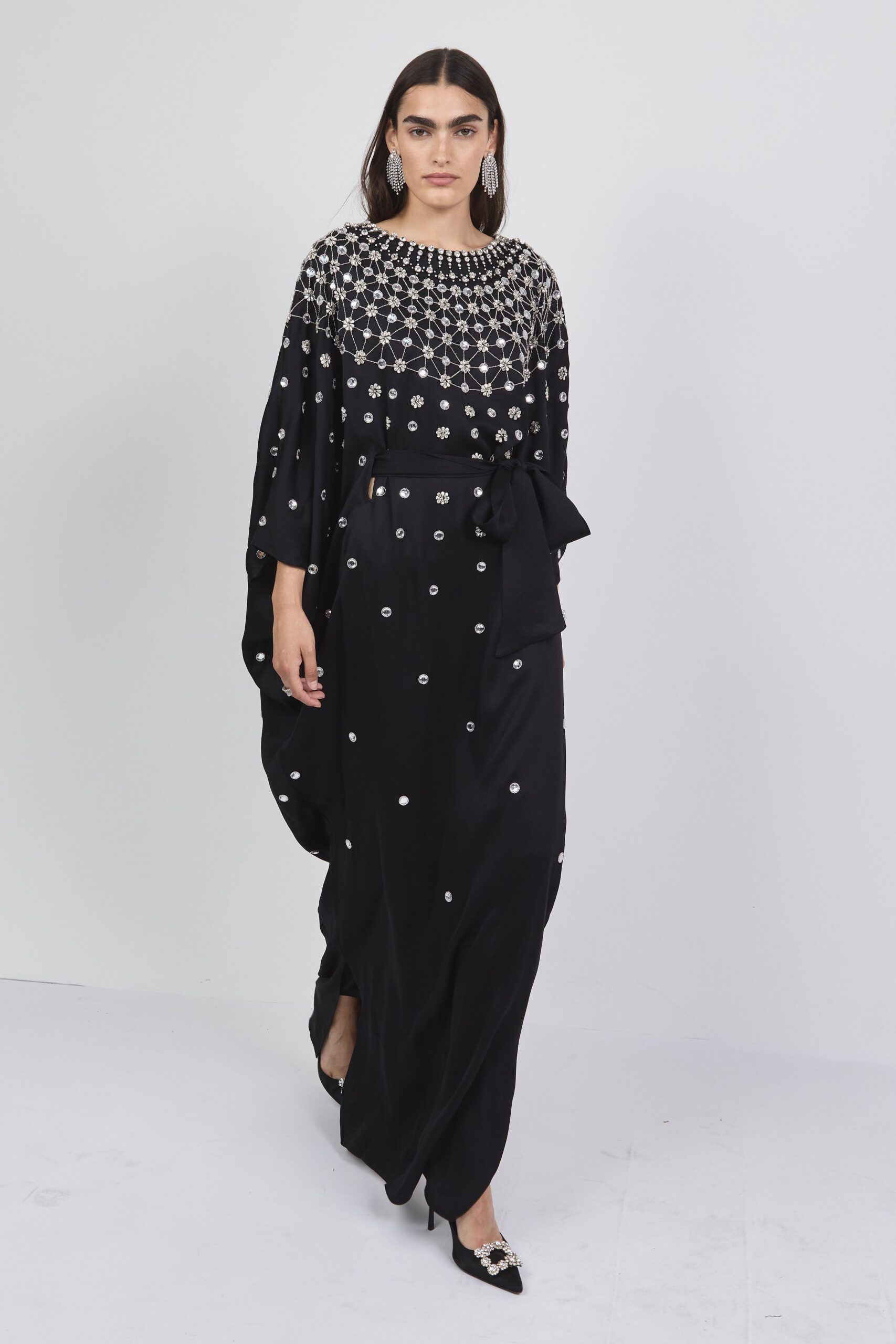 black silk embellished gown