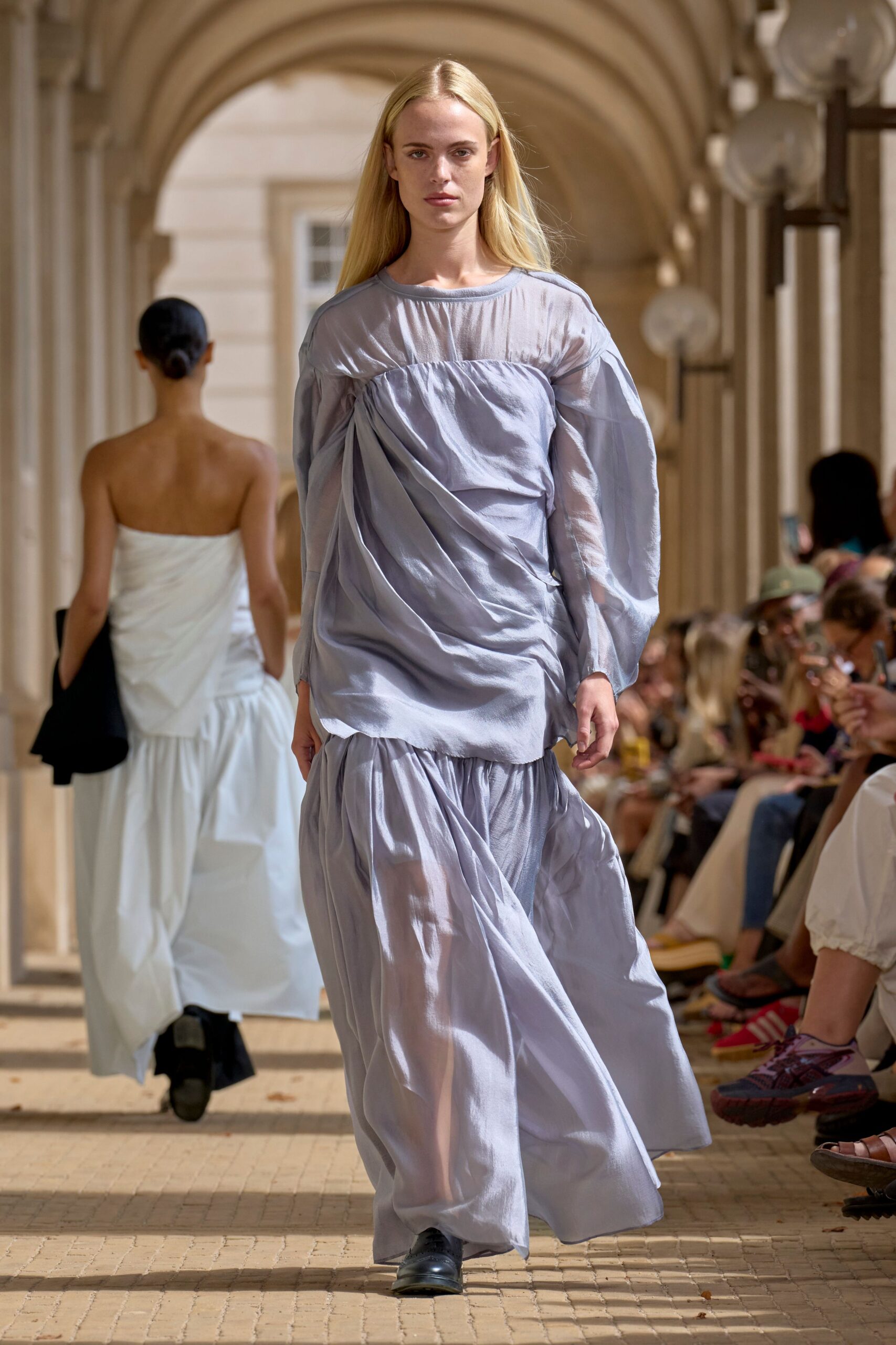 blue chiffon long-sleeve off-shoulder relaxed draped tiered dress