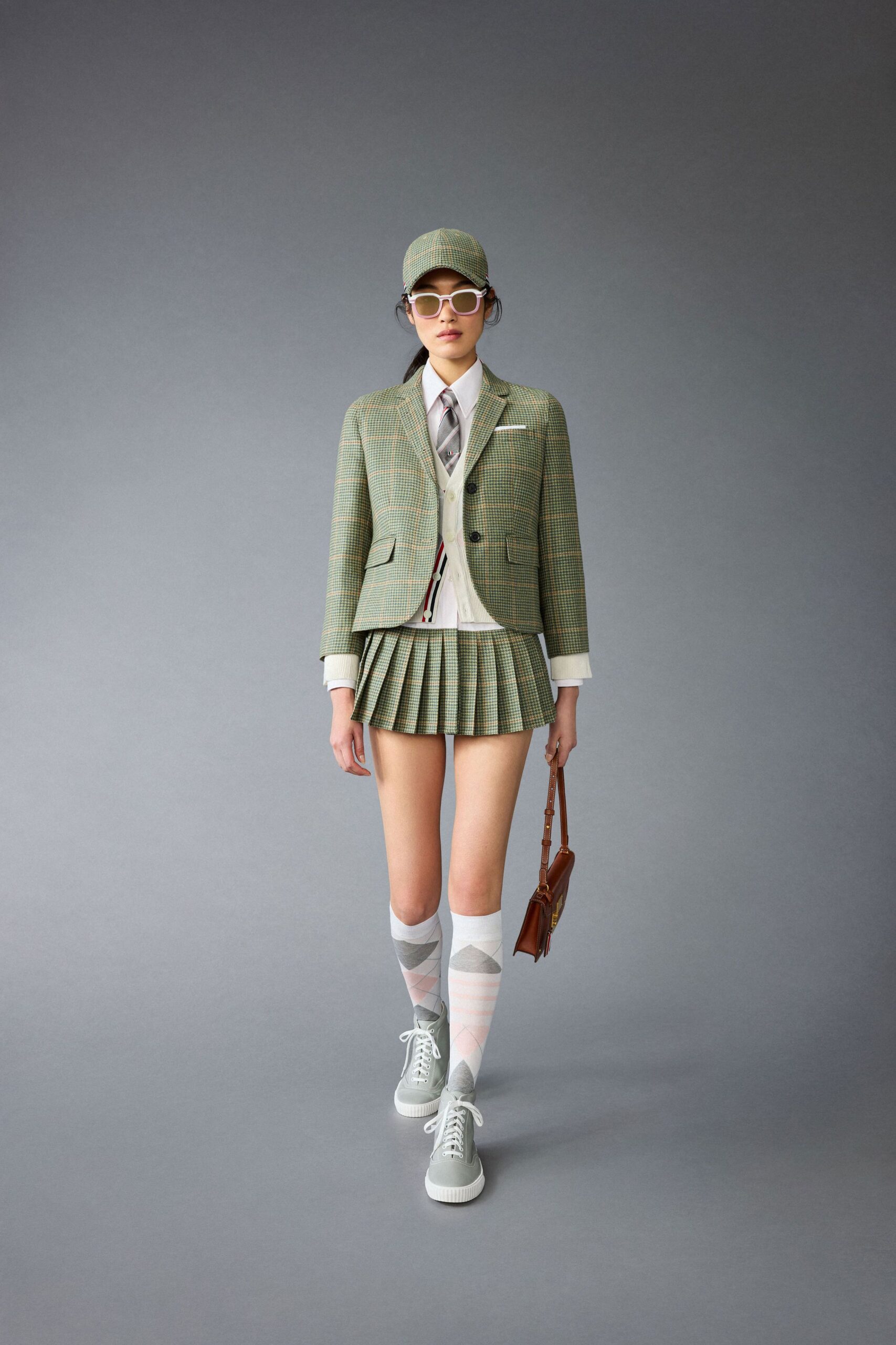 green cotton fitted pleated mini skirt