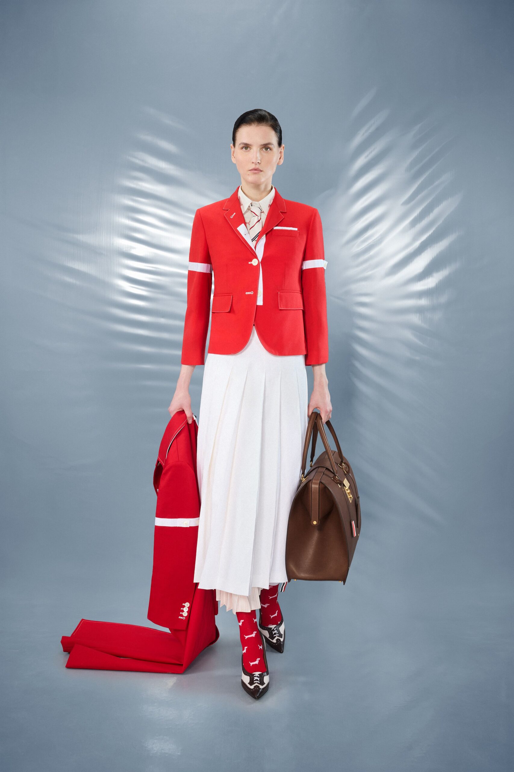 red long-sleeve collared structured buttoned blazer
