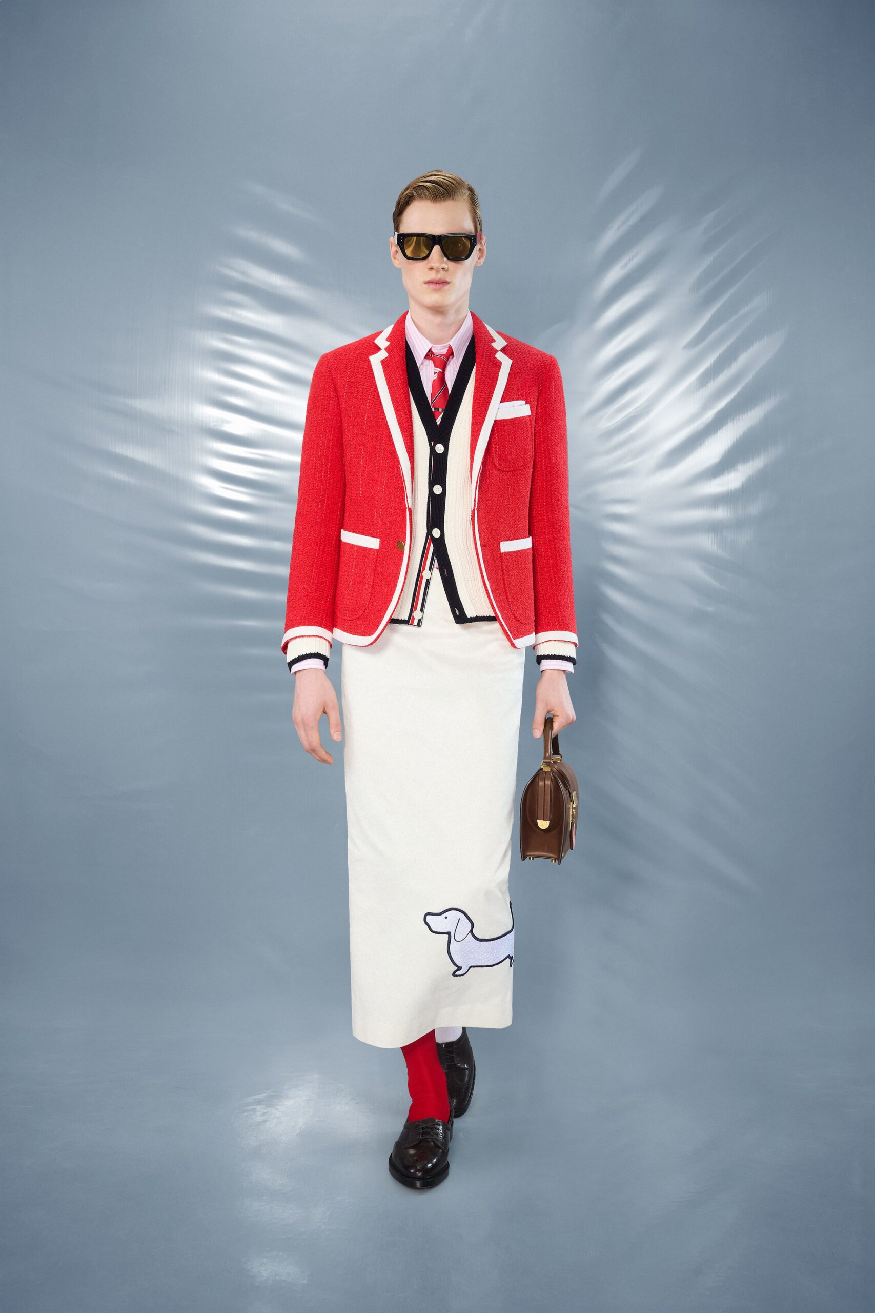 red cotton long-sleeve collared structured buttoned blazer