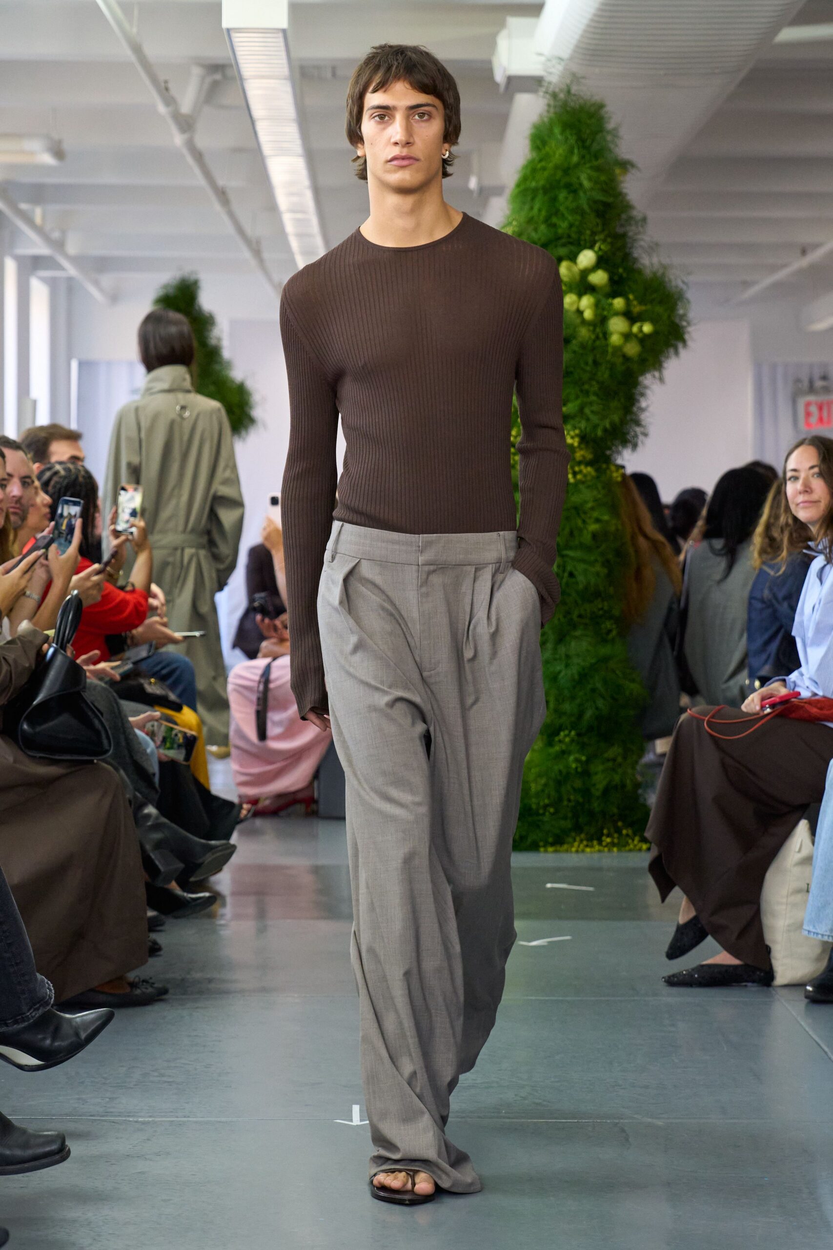 brown fitted top gray relaxed pants
