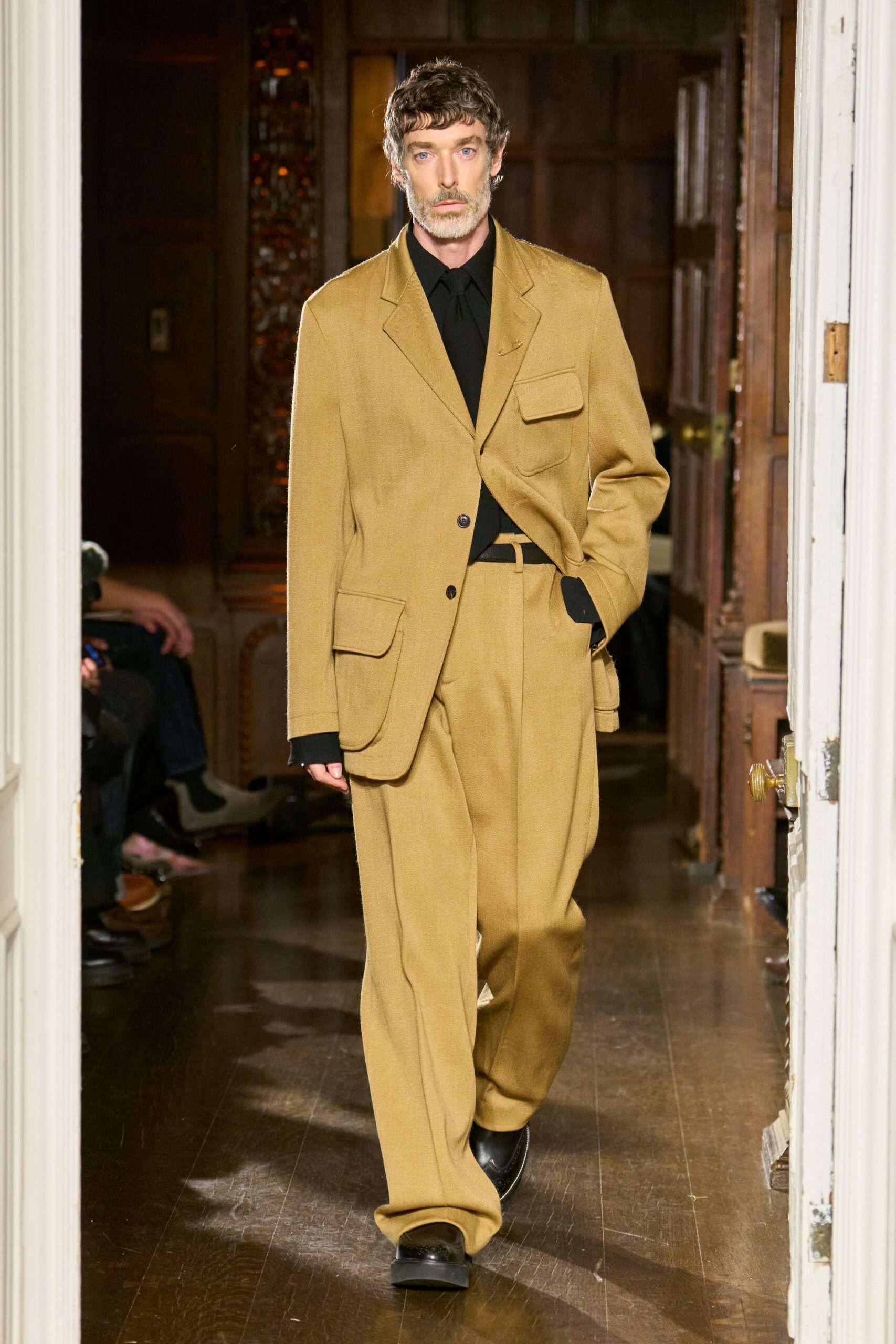 beige wool tailored straight-leg pants