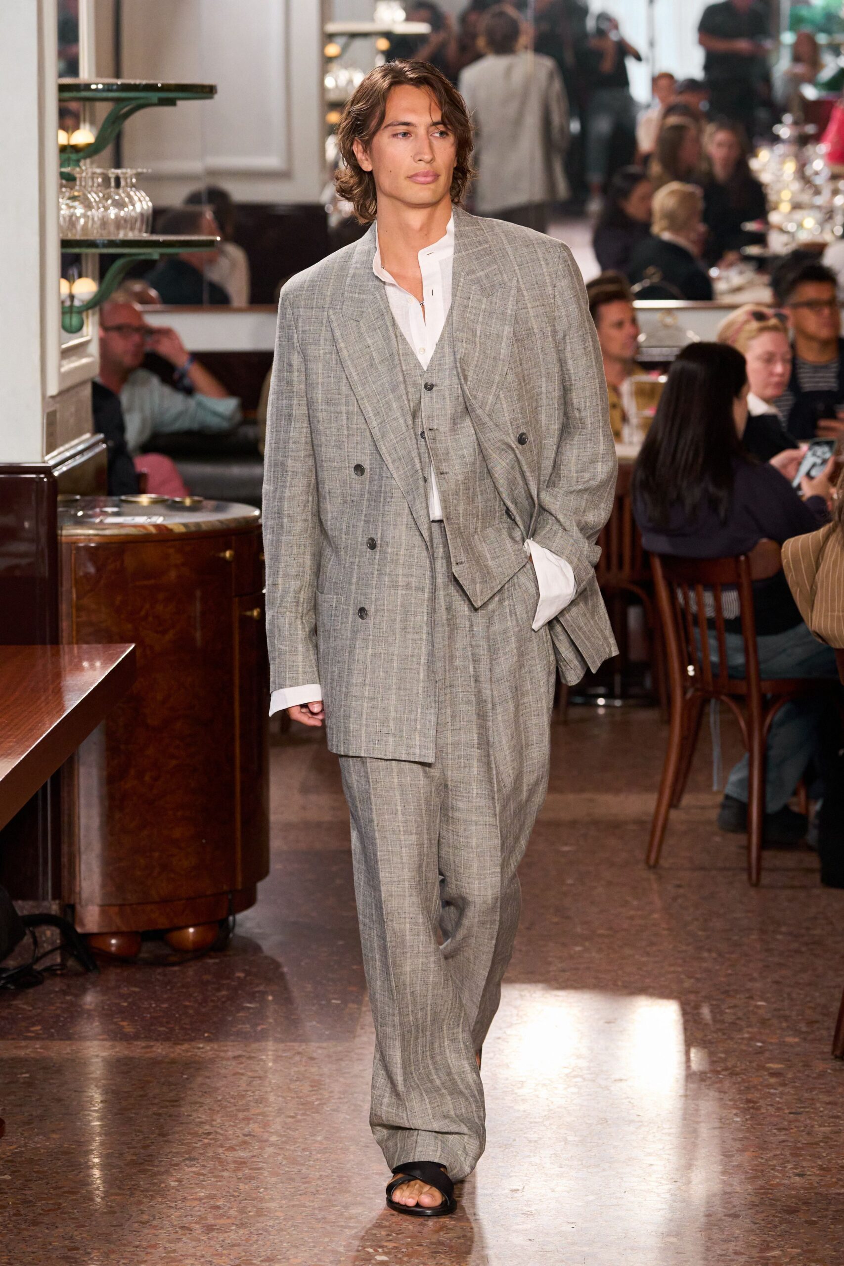 gray tailored suit with white shirt