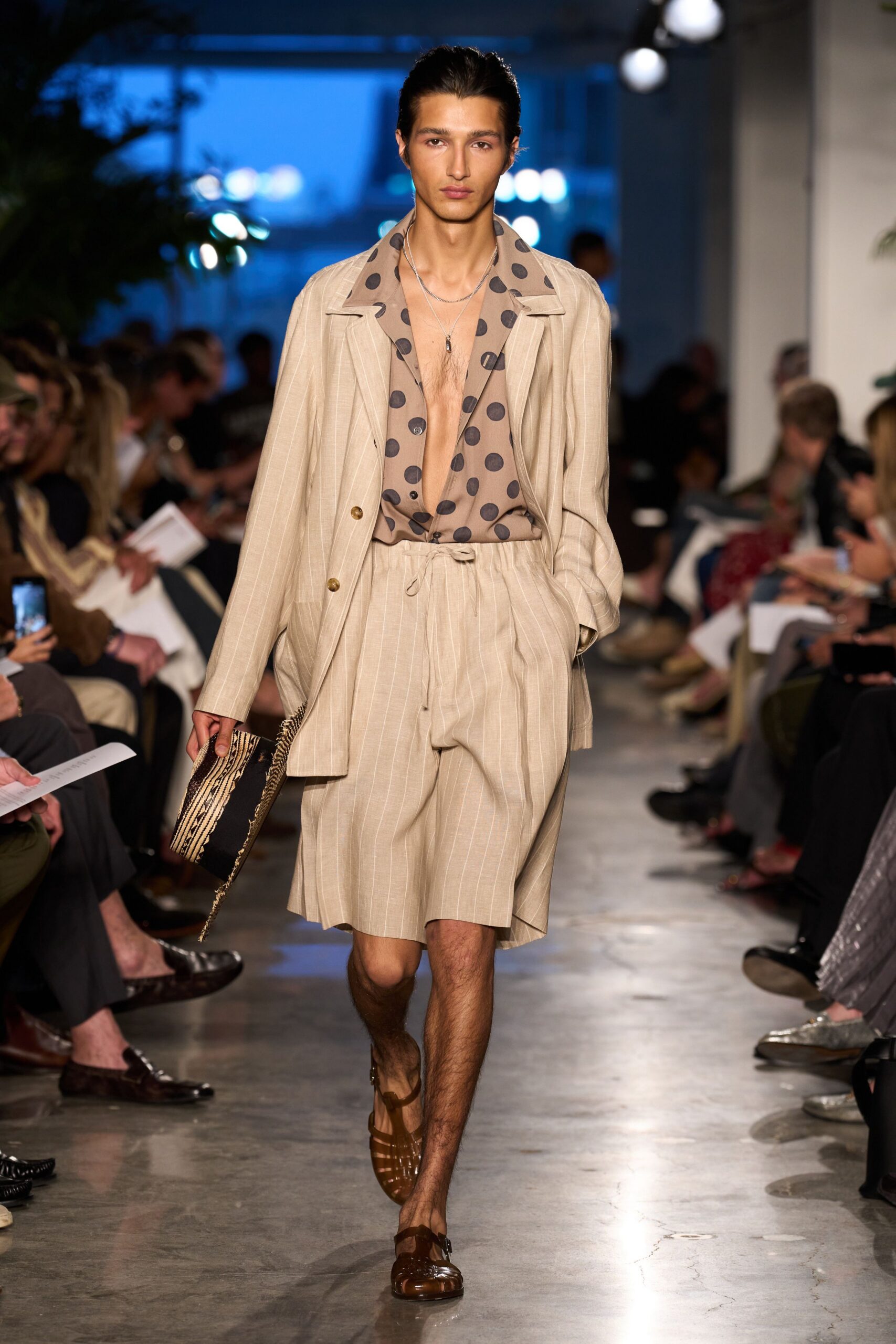 beige linen long-sleeve collared relaxed striped buttoned jacket
