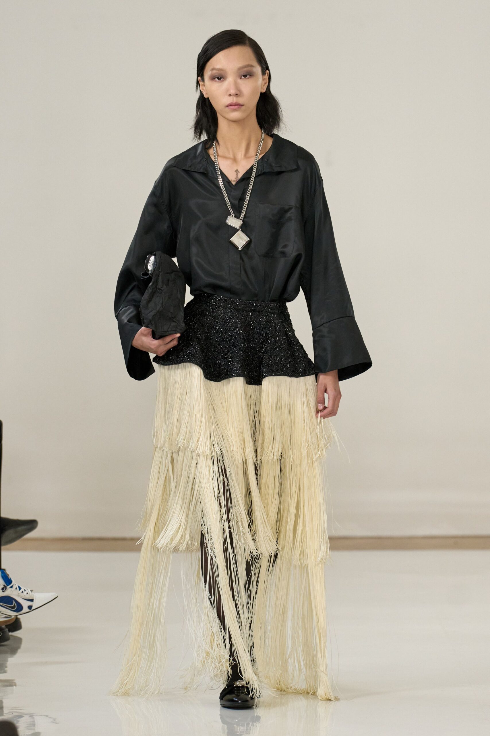 black silk shirt with fringed skirt