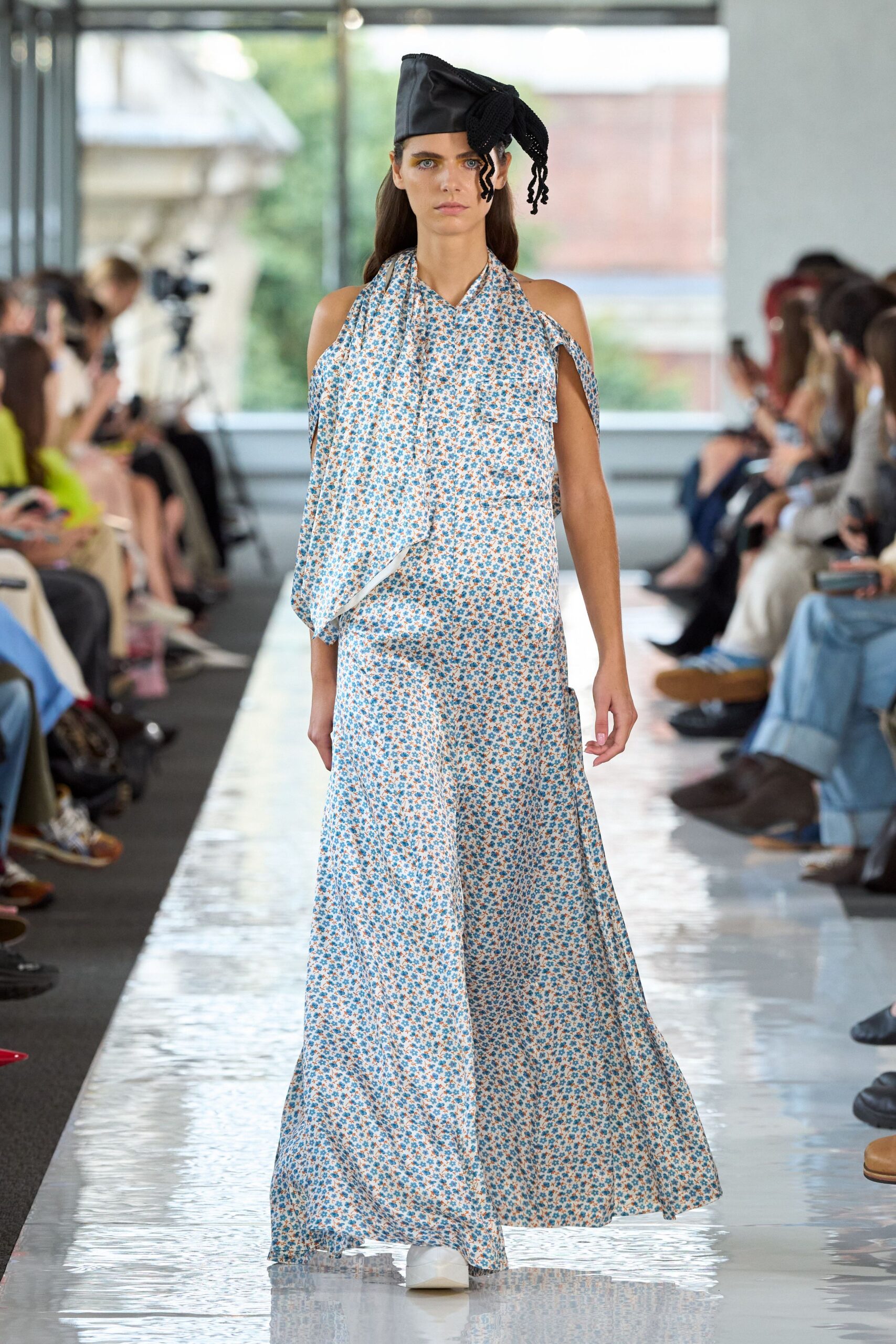 blue silk sleeveless off-shoulder relaxed floral draped gown