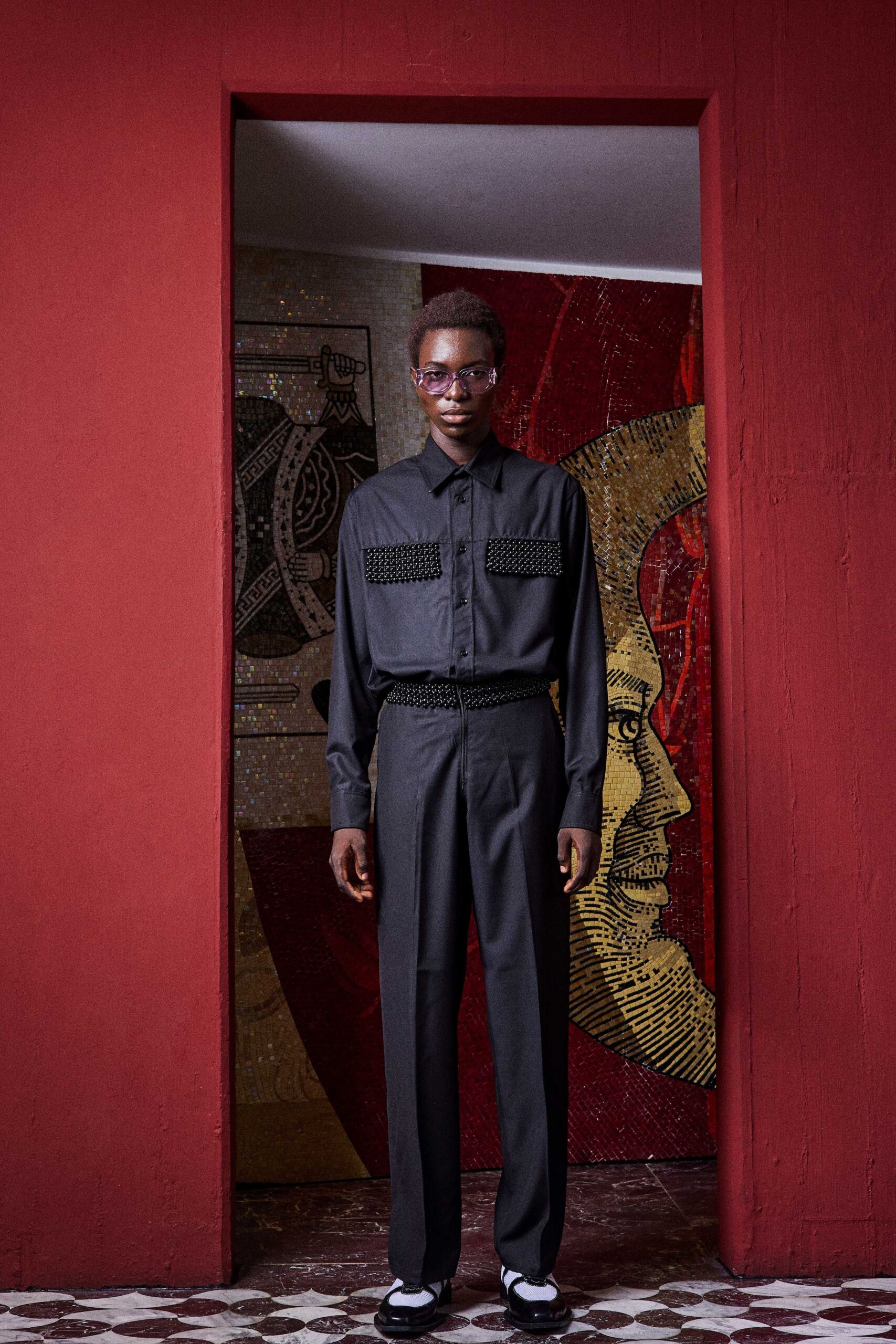black fitted shirt and tailored pants