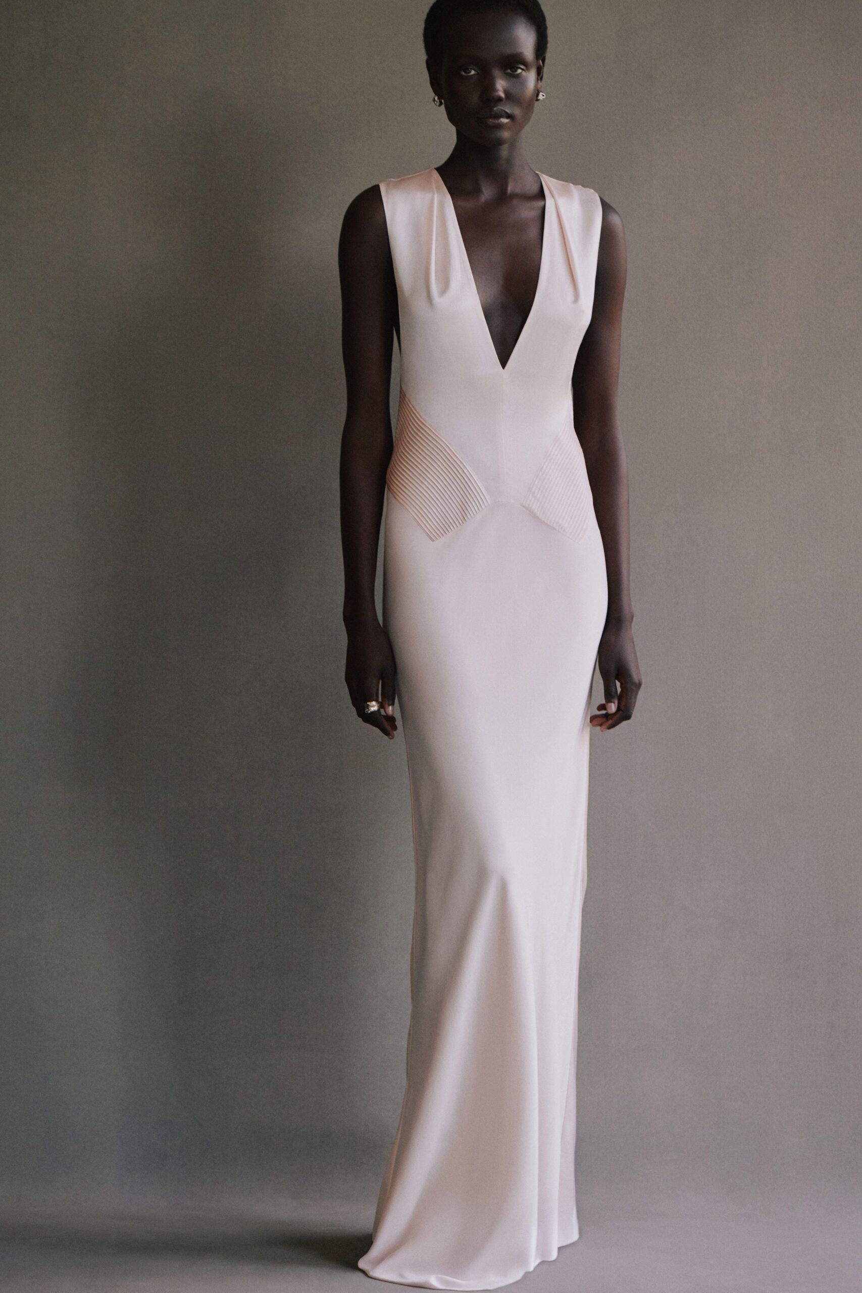 beige silk fitted gown