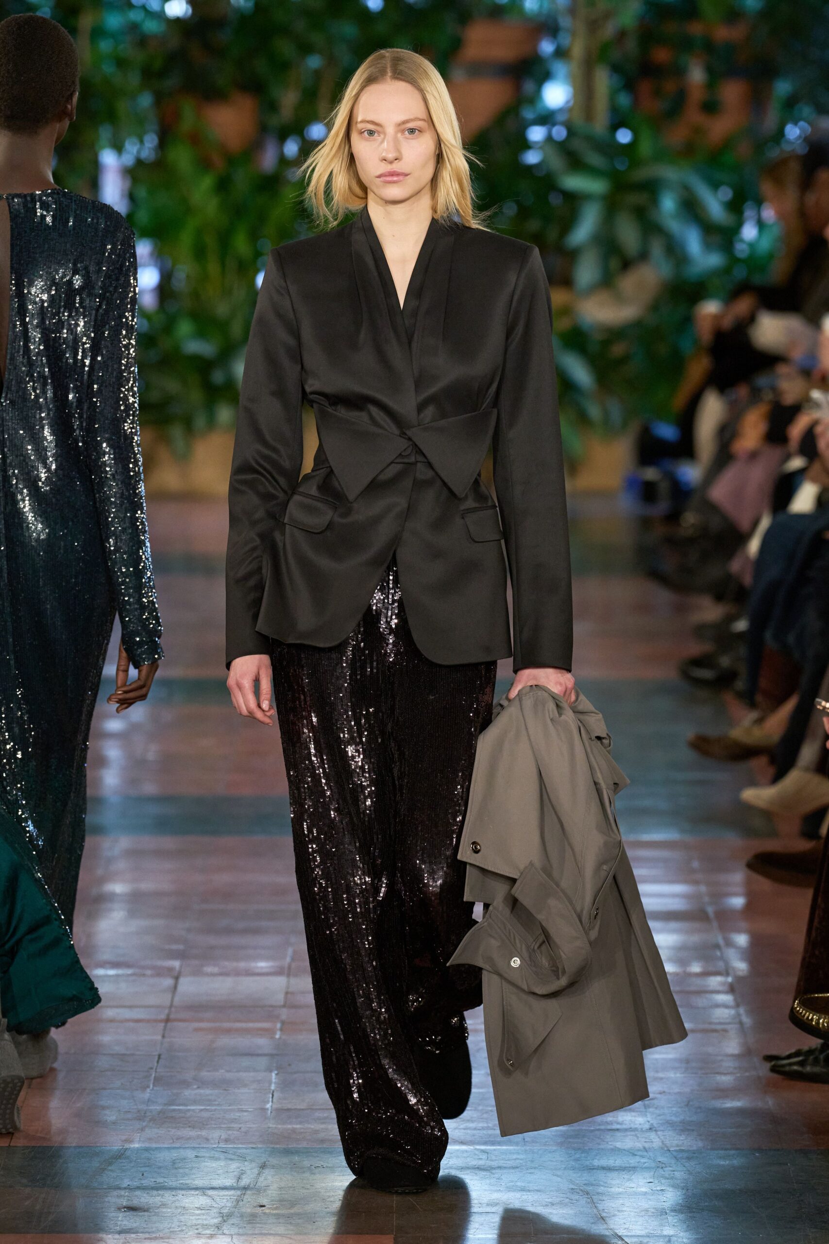 black silk long-sleeve collared structured buttoned blazer