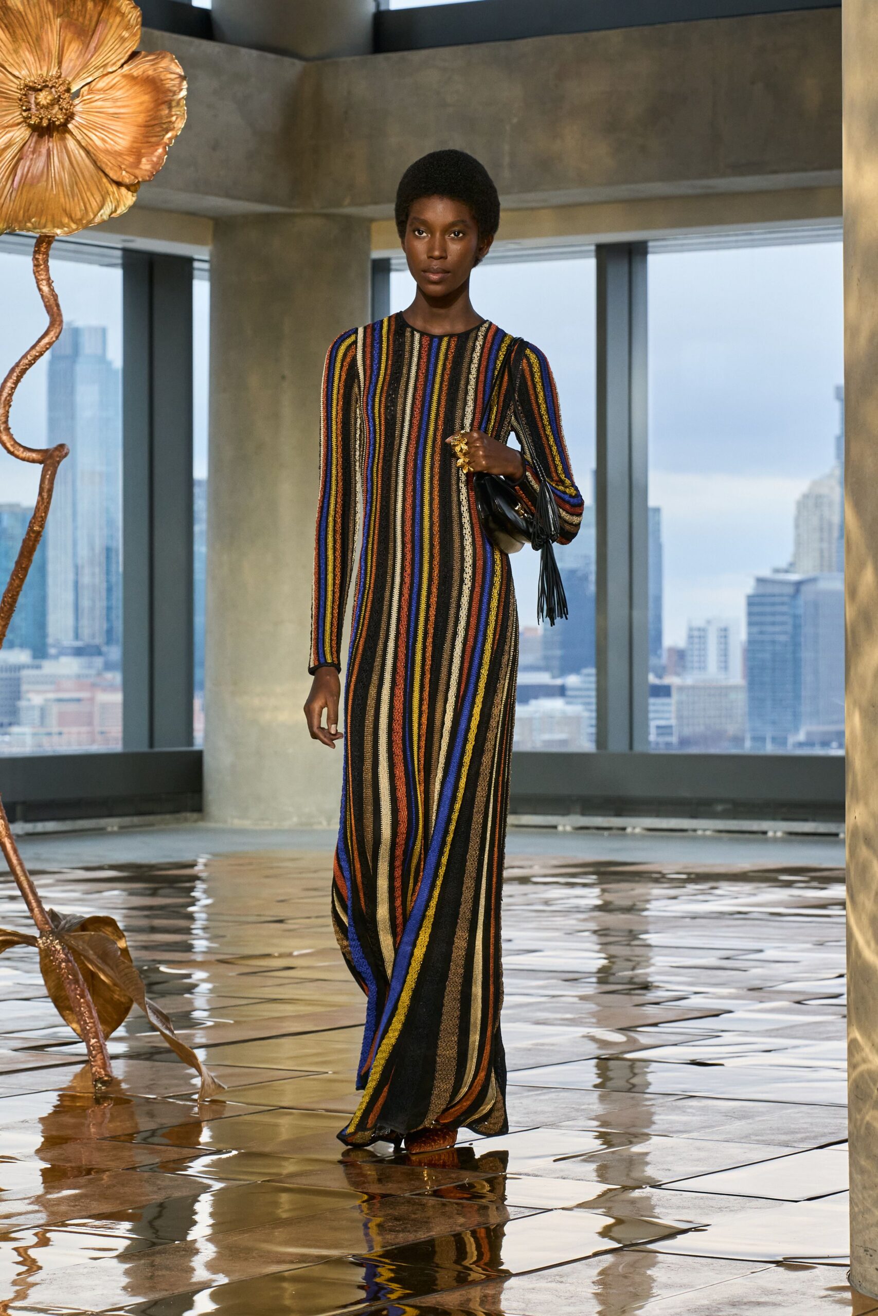 black silk long-sleeve v-neck fitted striped flowing gown