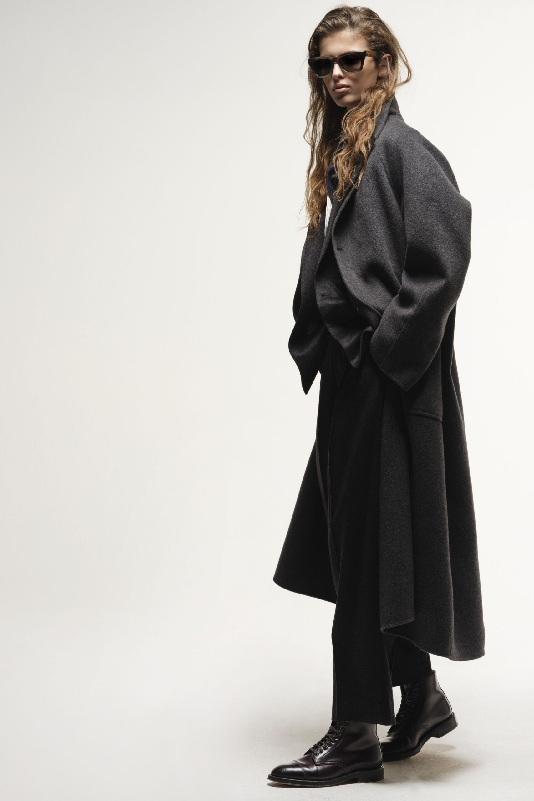 black wool long-sleeve oversized draped maxi coat