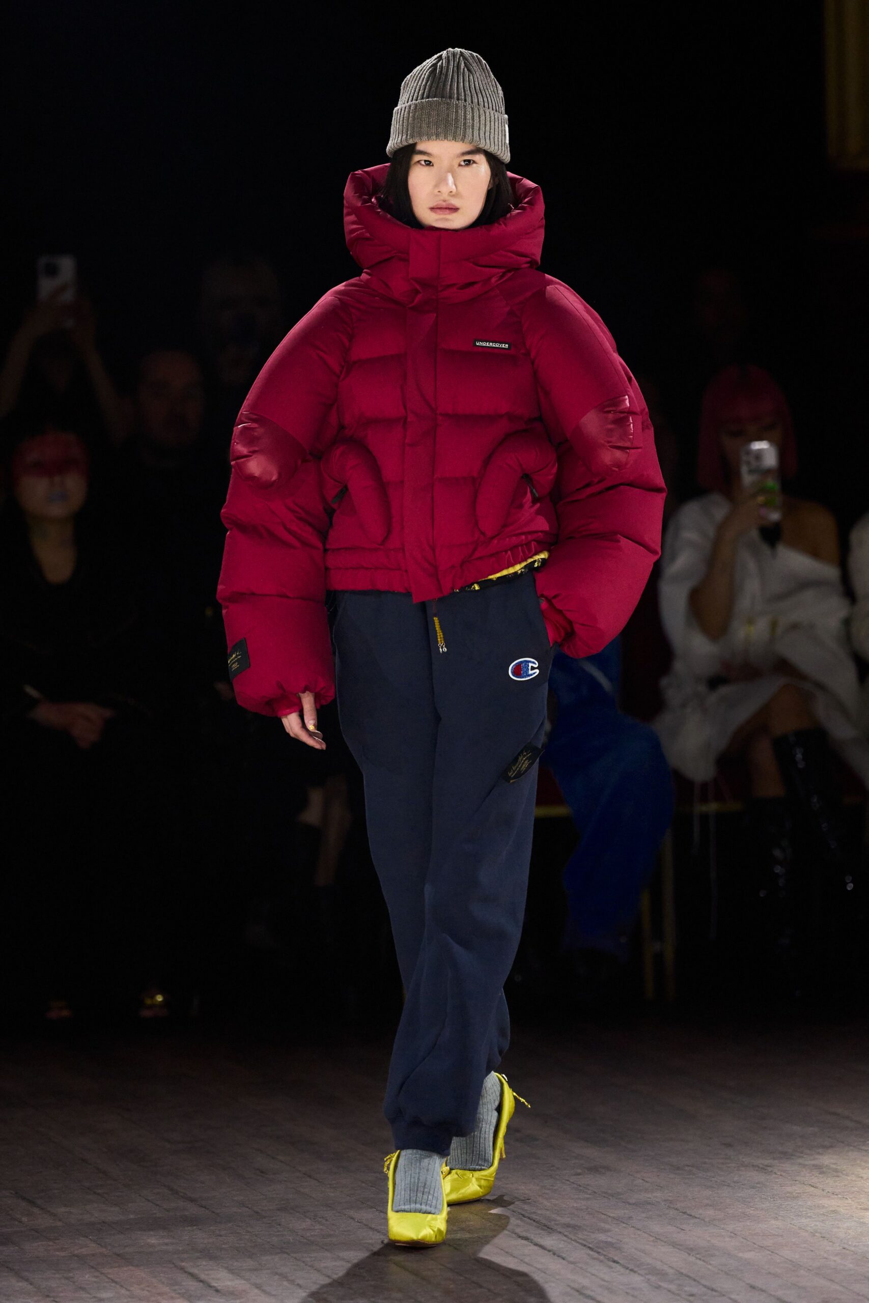 oversized red jacket with blue pants