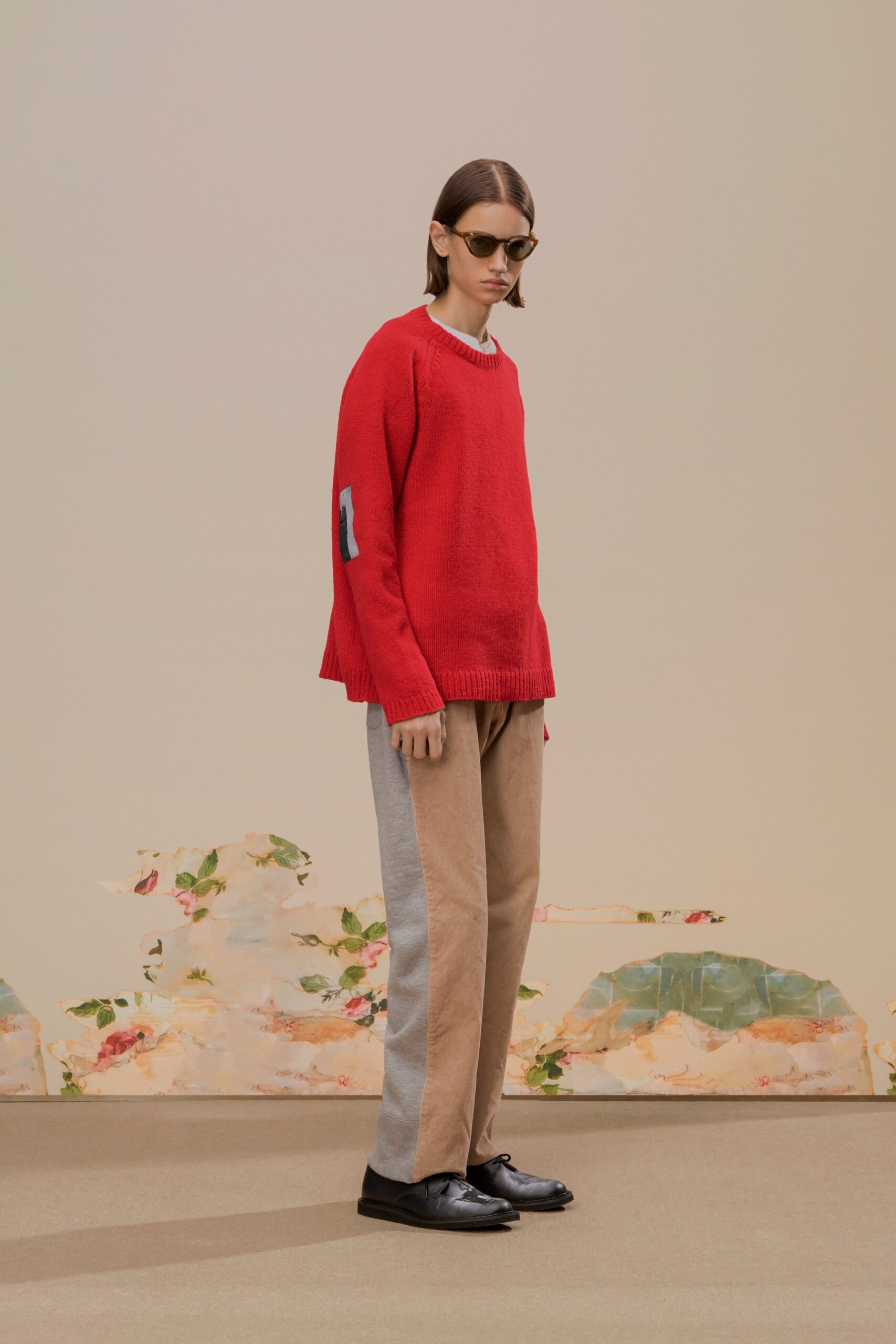red wool long-sleeve collared relaxed sweater