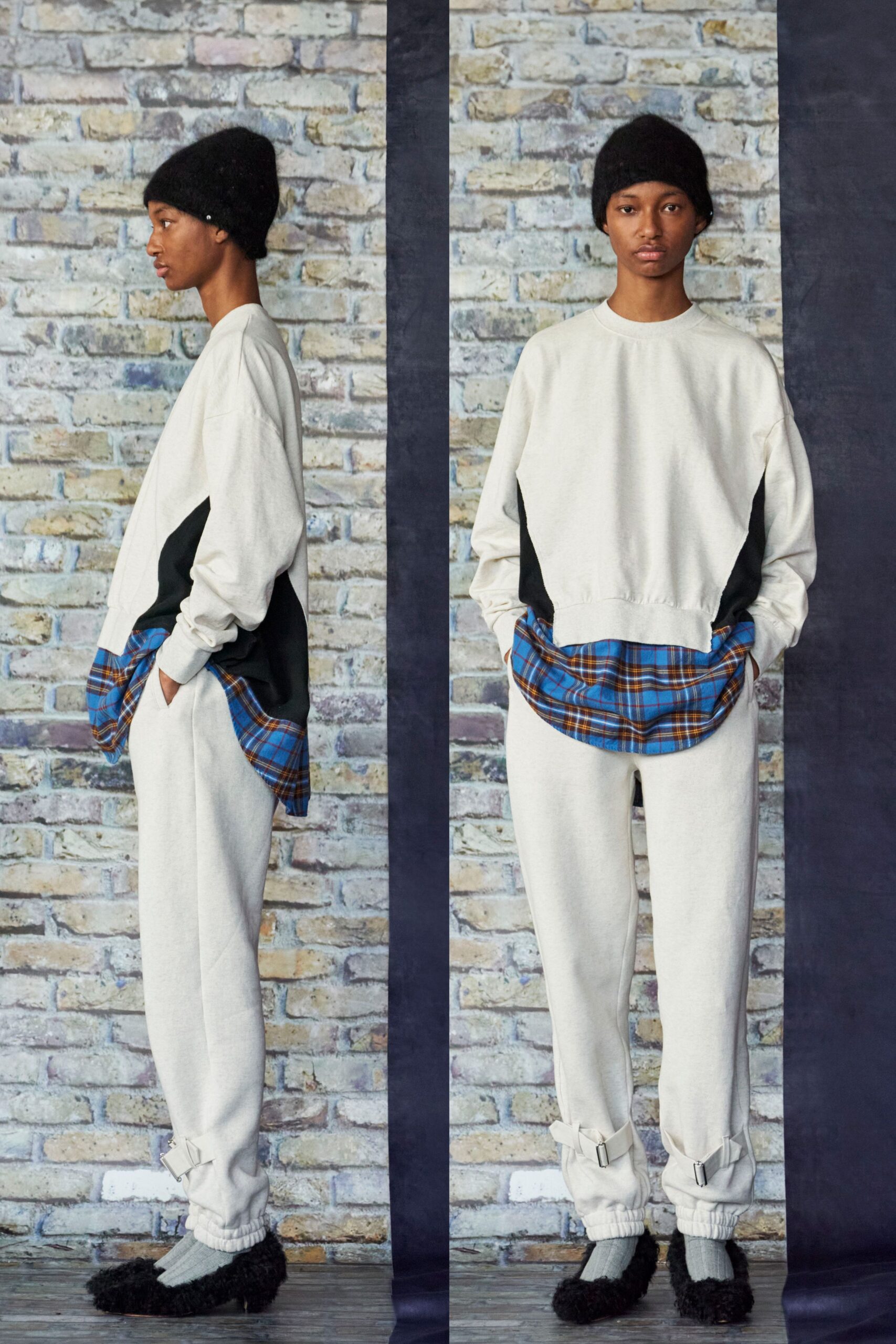 white relaxed sweater with gray pants
