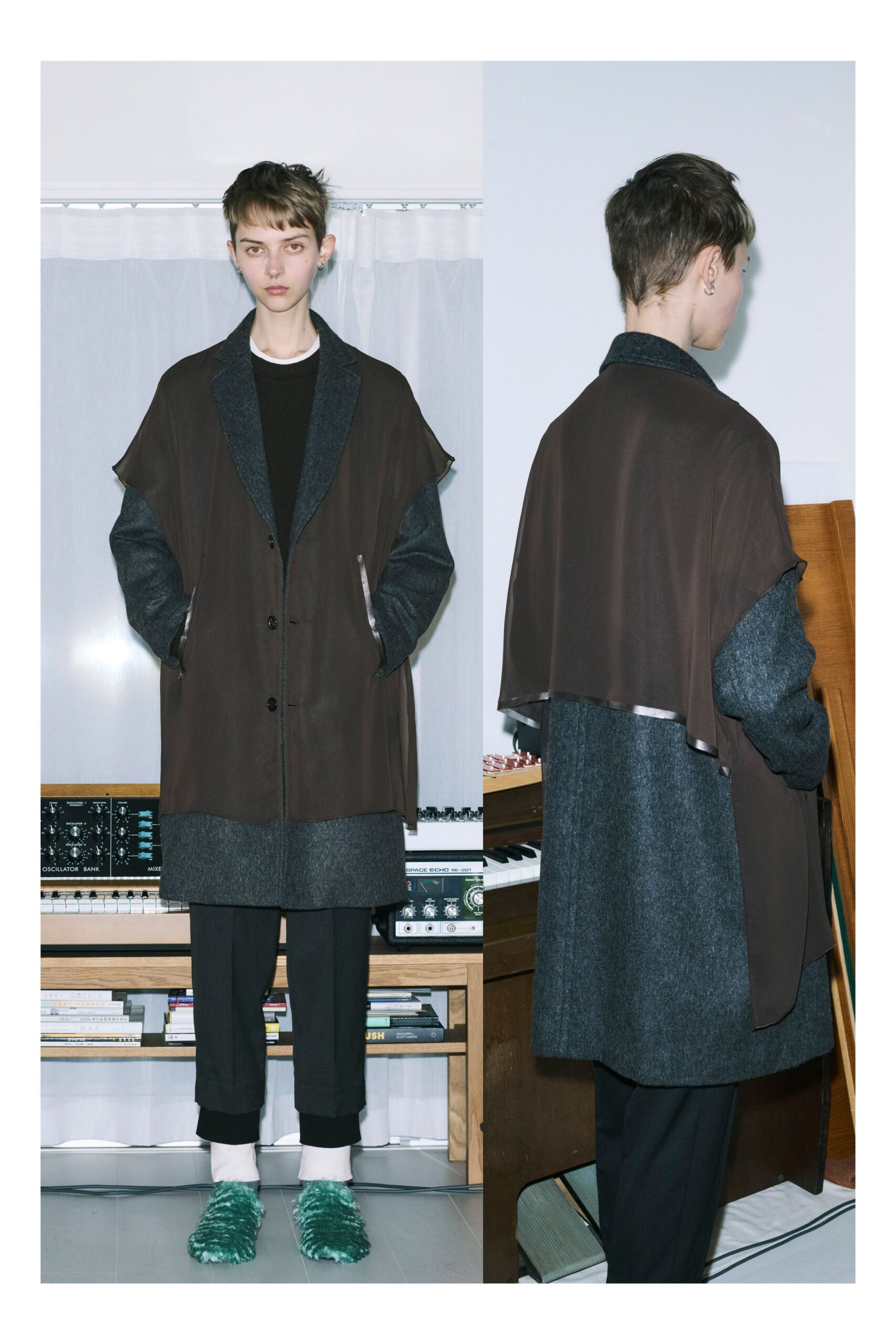 brown wool long-sleeve collared relaxed layered buttoned coat