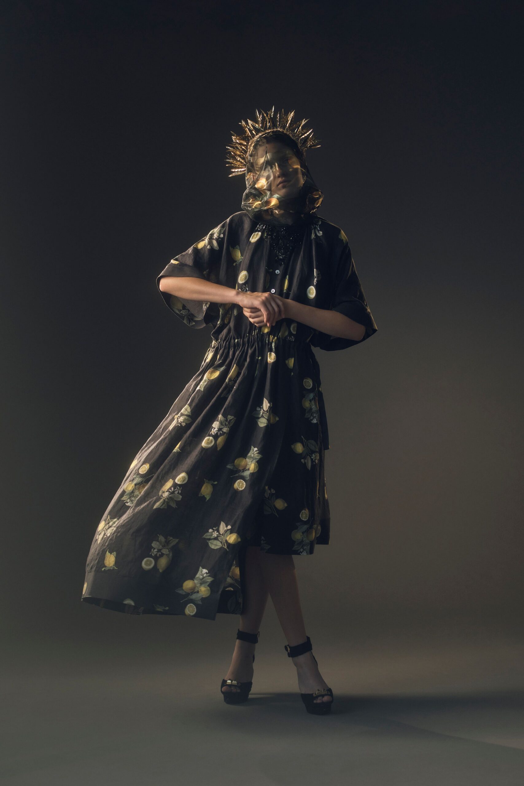 black cotton short-sleeve collared relaxed floral tiered dress