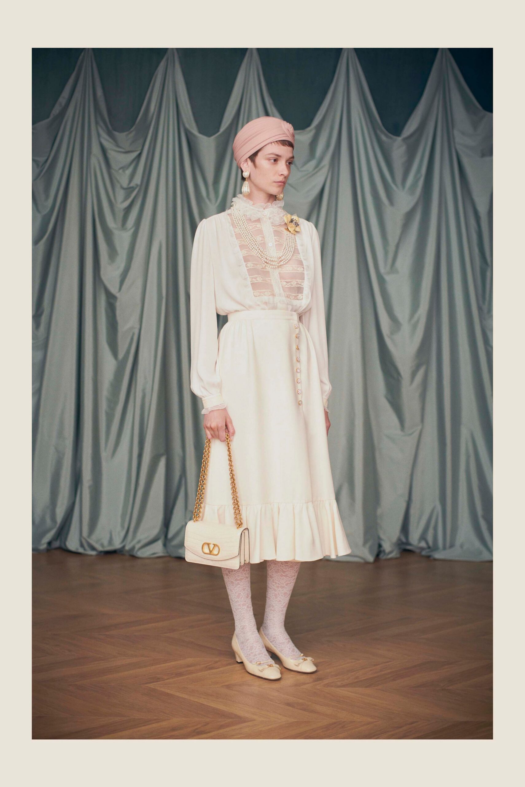 white blouse beige midi skirt