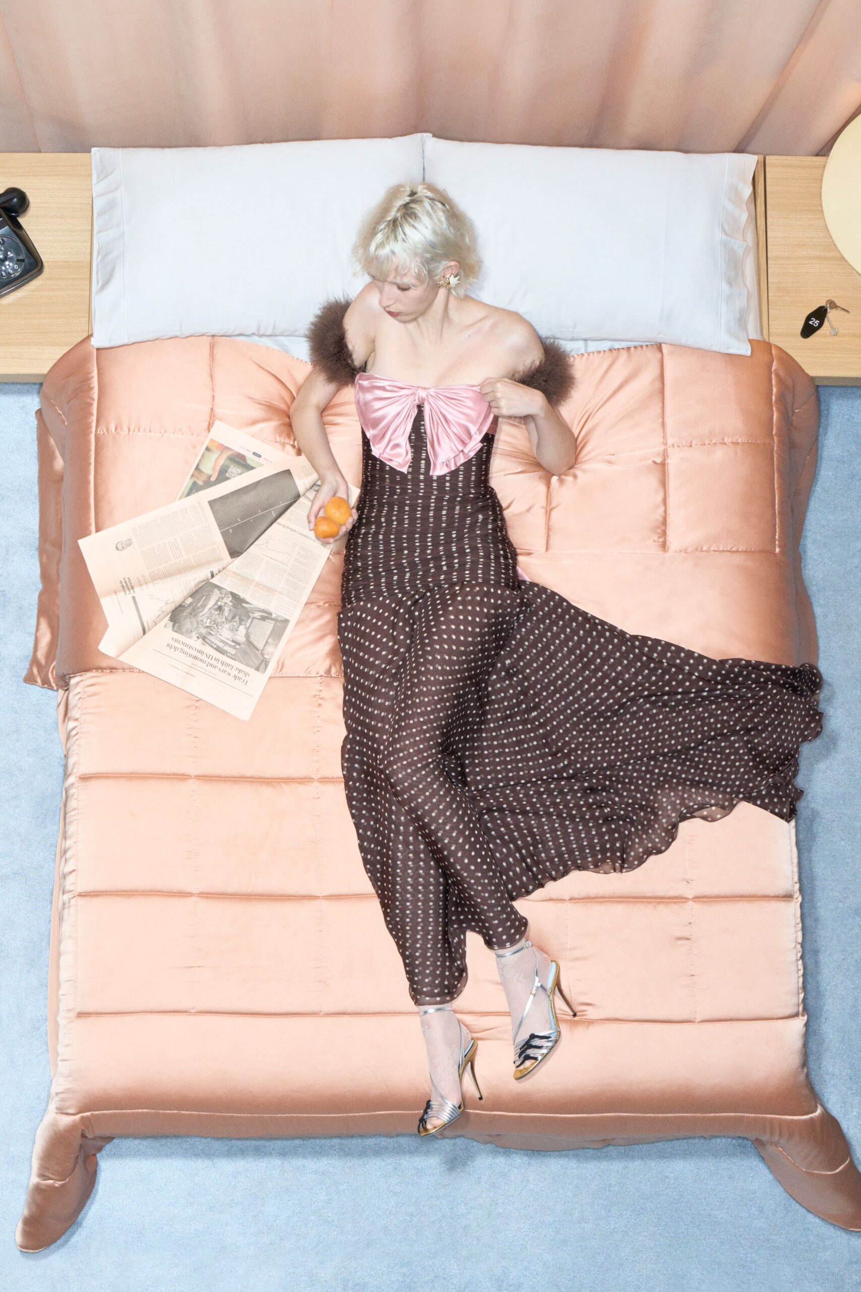 brown silk sleeveless v-neck fitted polka-dot layered gown