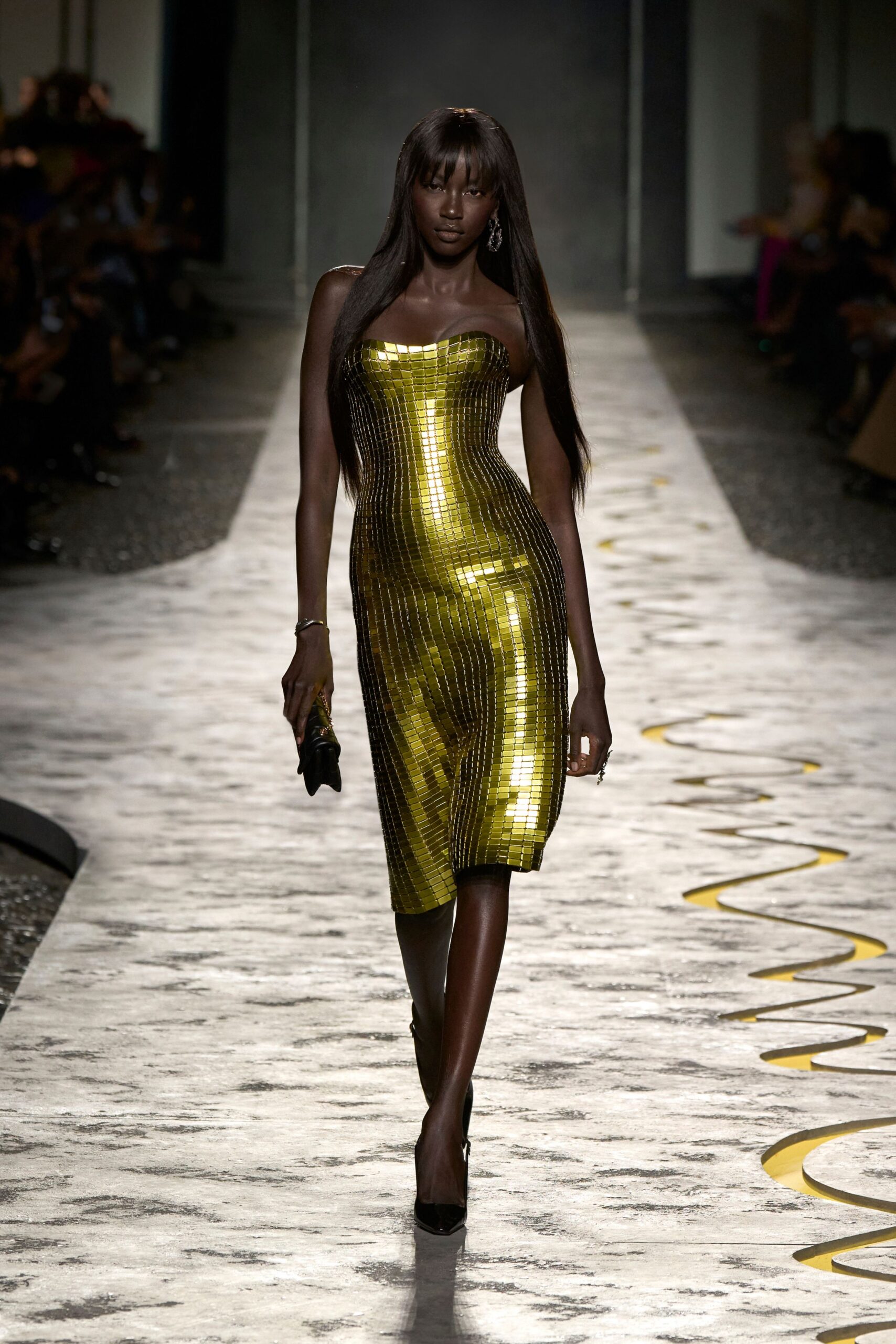 yellow metallic strapless fitted pencil shiny midi dress