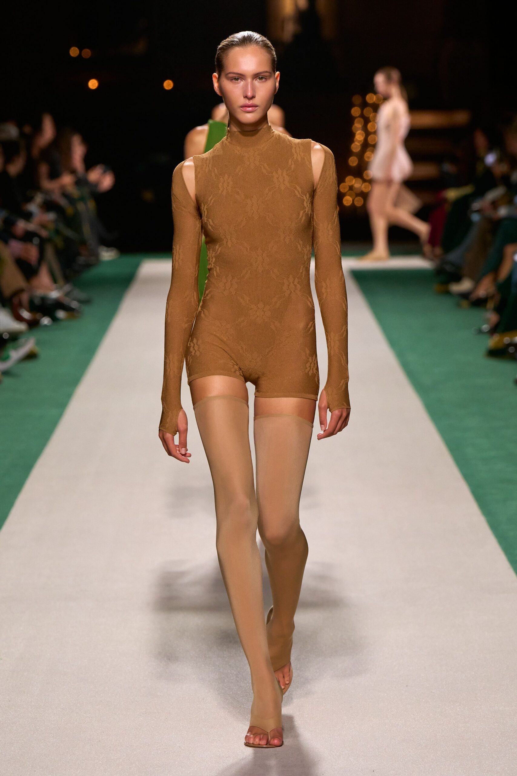 brown lace long-sleeve high-neck fitted textured bodysuit
