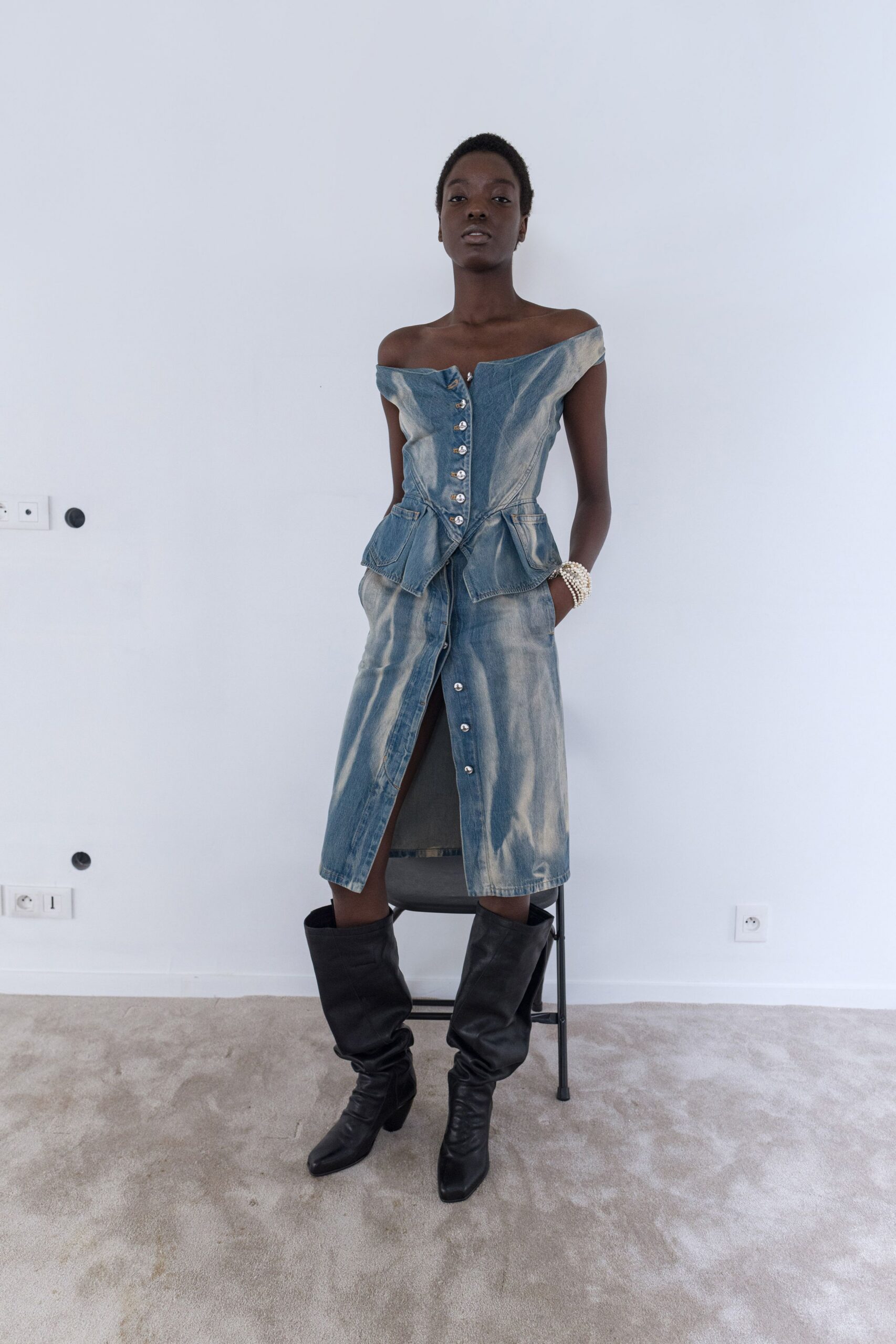 blue denim off-shoulder fitted buttoned pleated midi dress