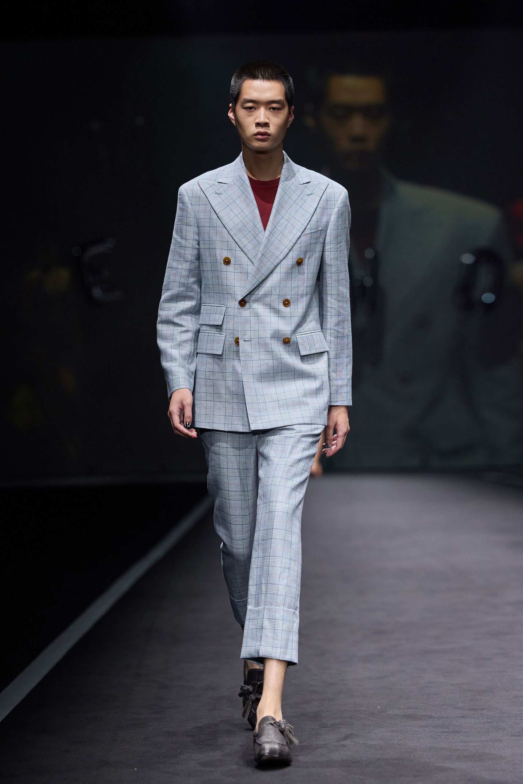 blue cotton long-sleeve collared tailored checked buttoned suit