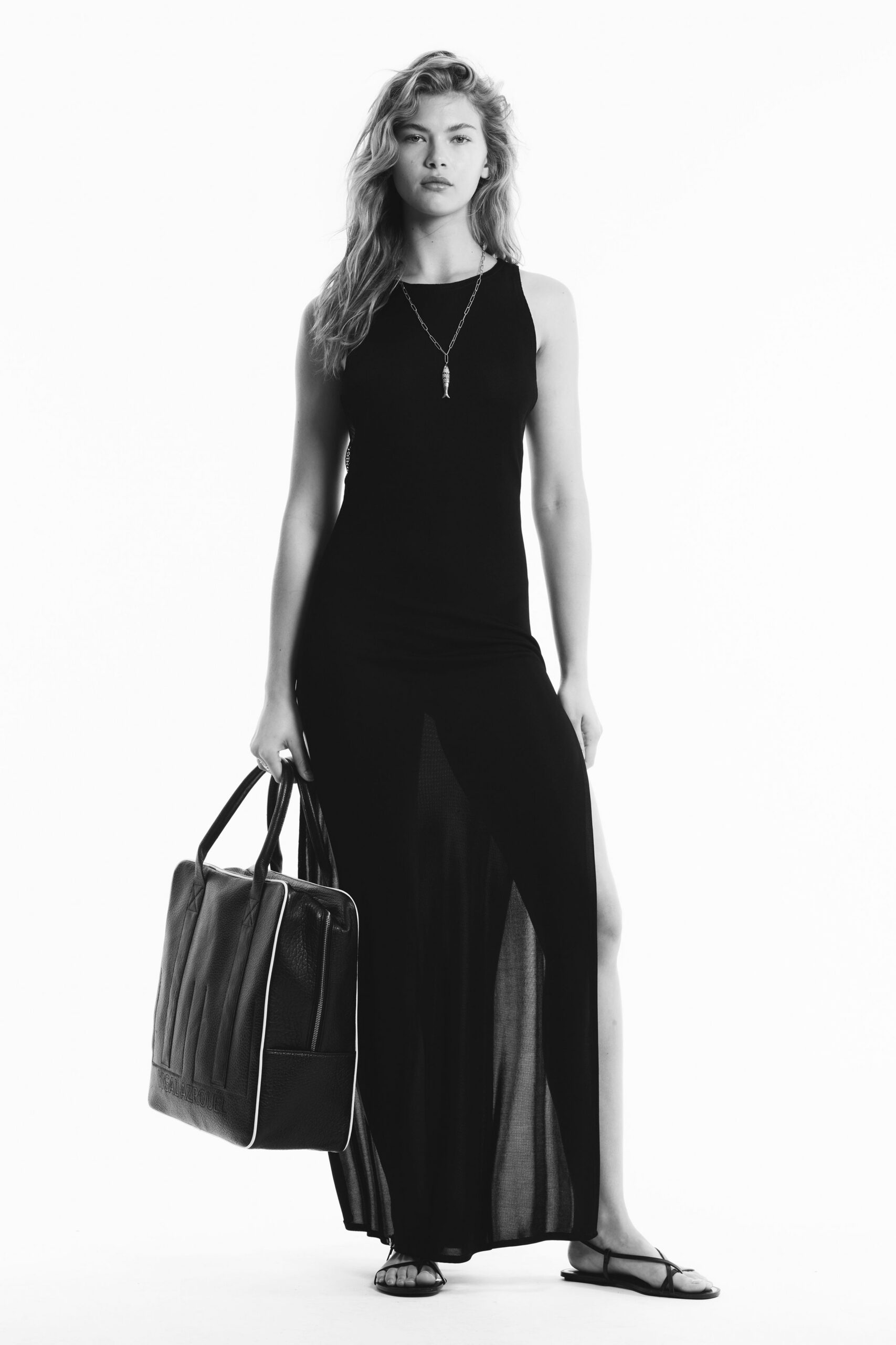 black maxi dress with bag
