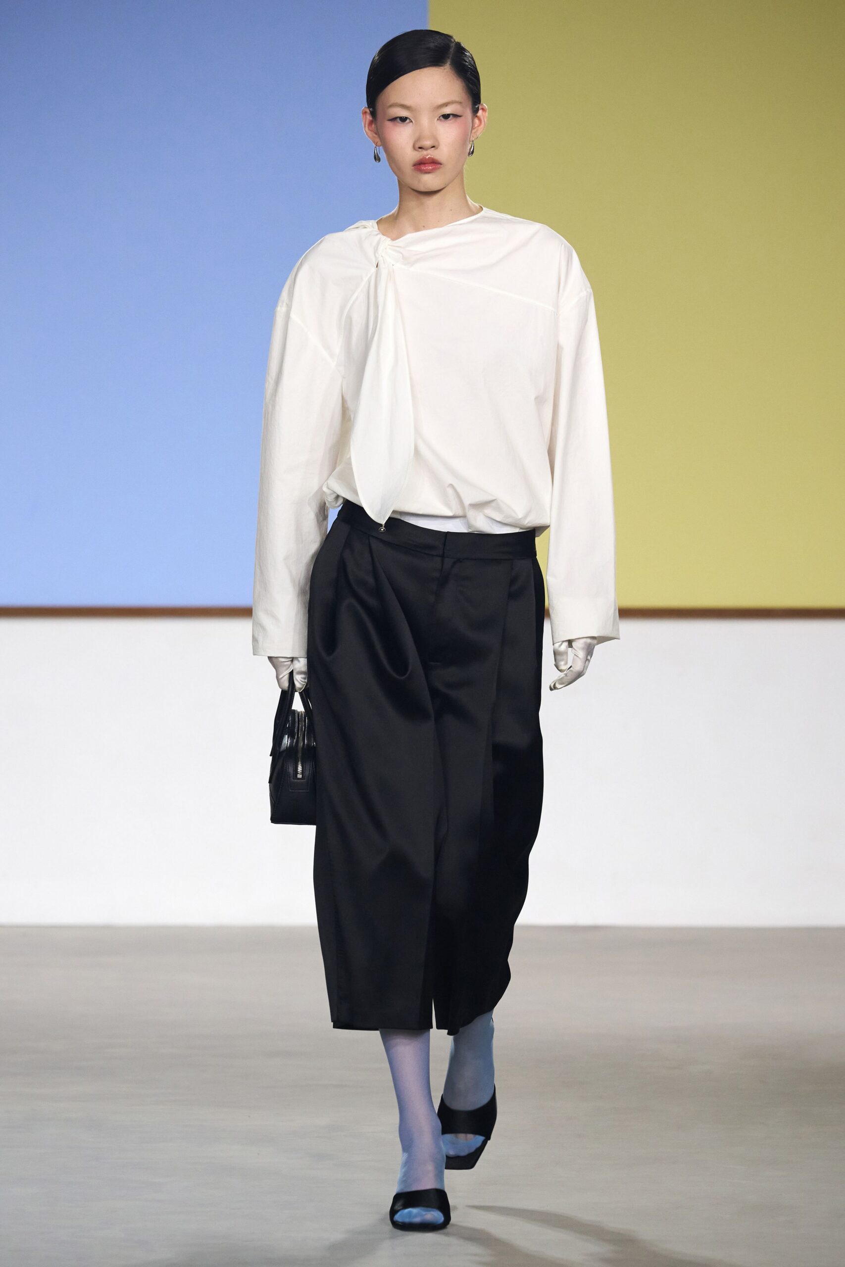 white cotton long-sleeve collared relaxed draped top