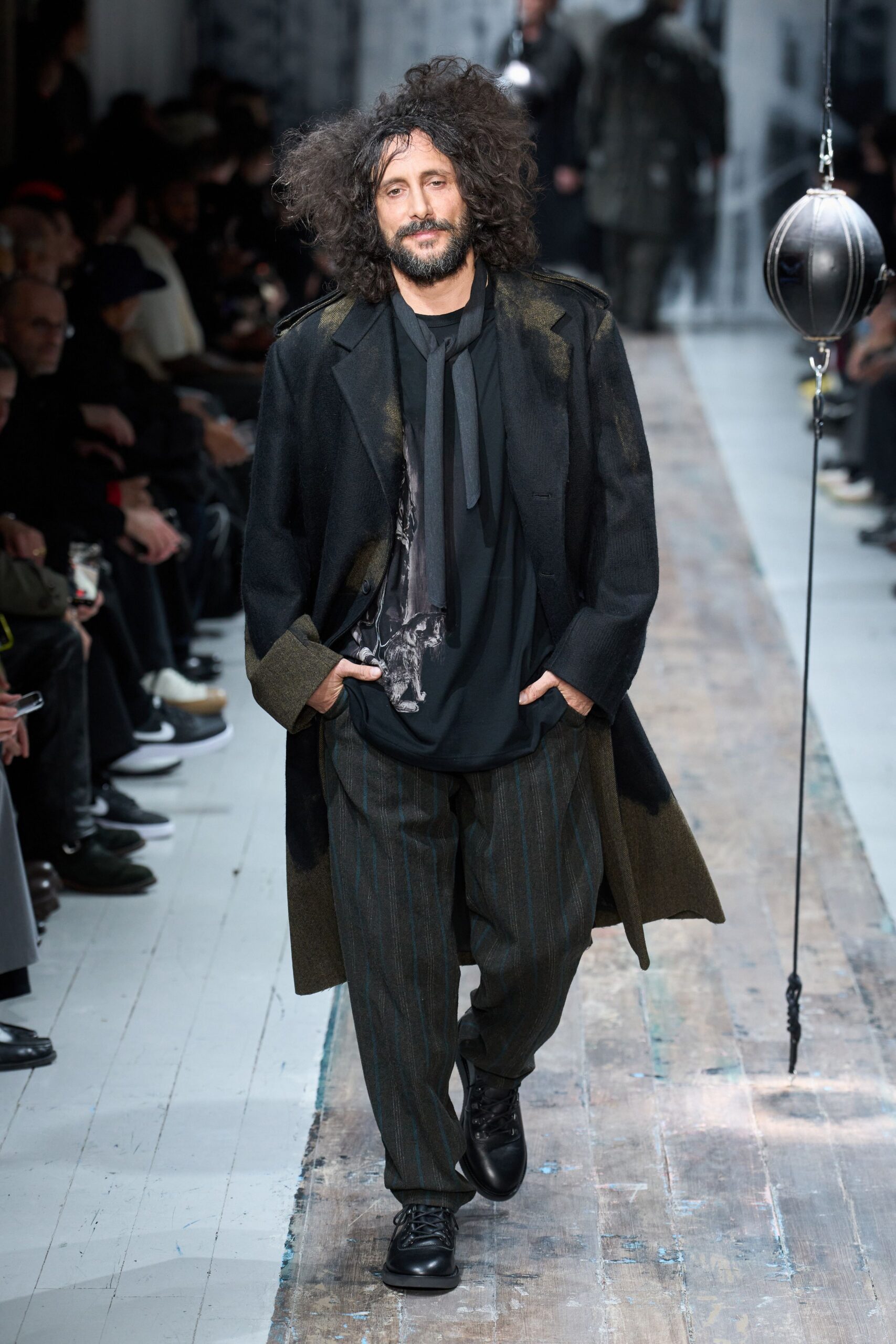 black wool coat with relaxed shirt