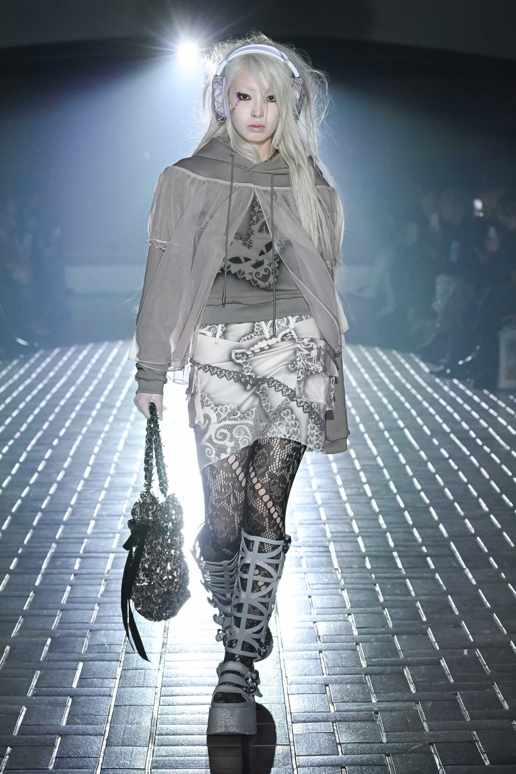 gray fitted top with mini skirt