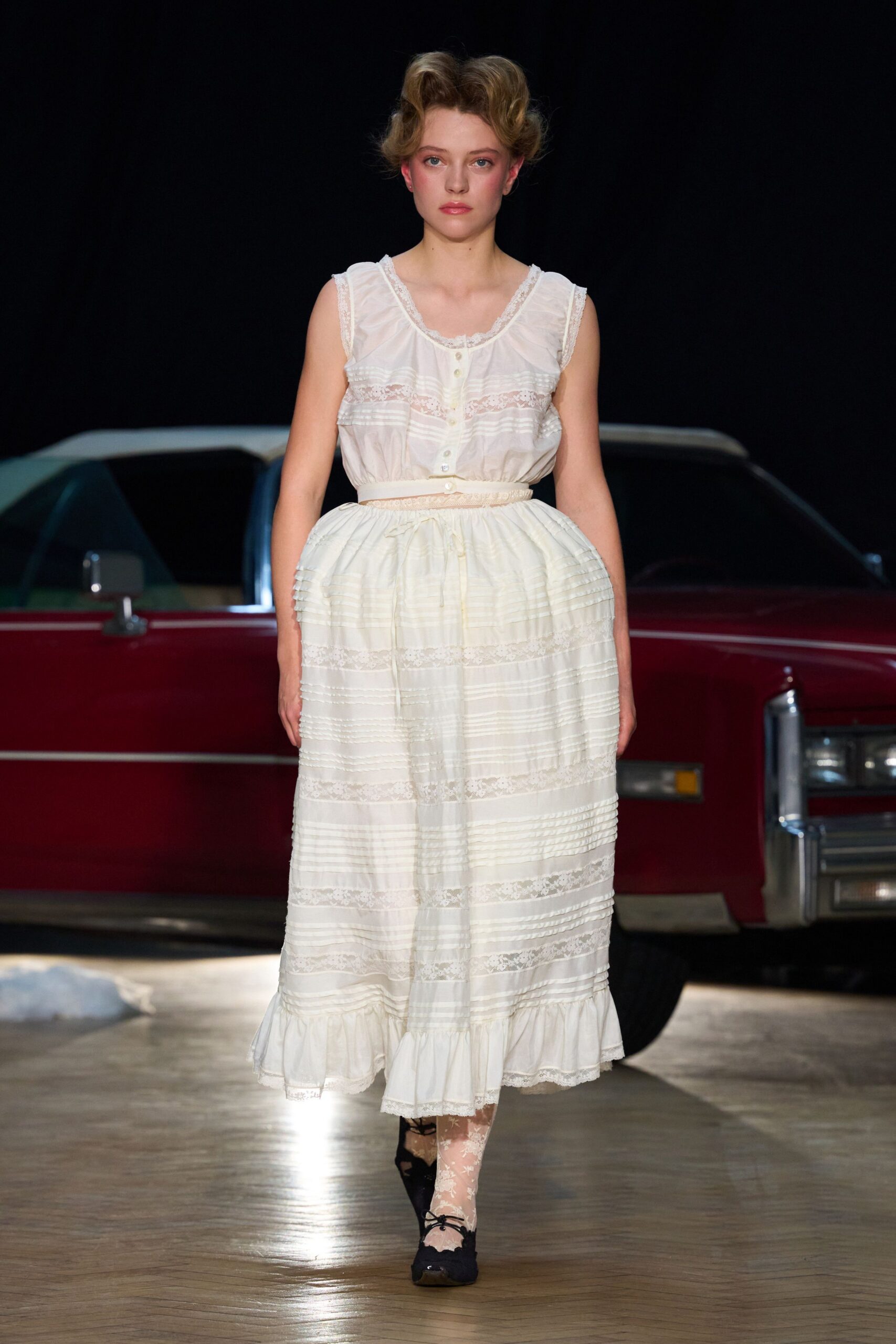 white blouse and tiered skirt