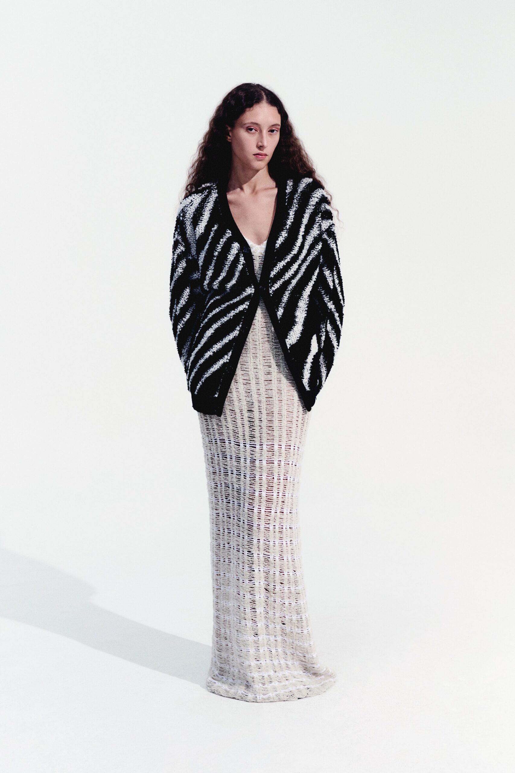 black knit long-sleeve relaxed striped cardigan