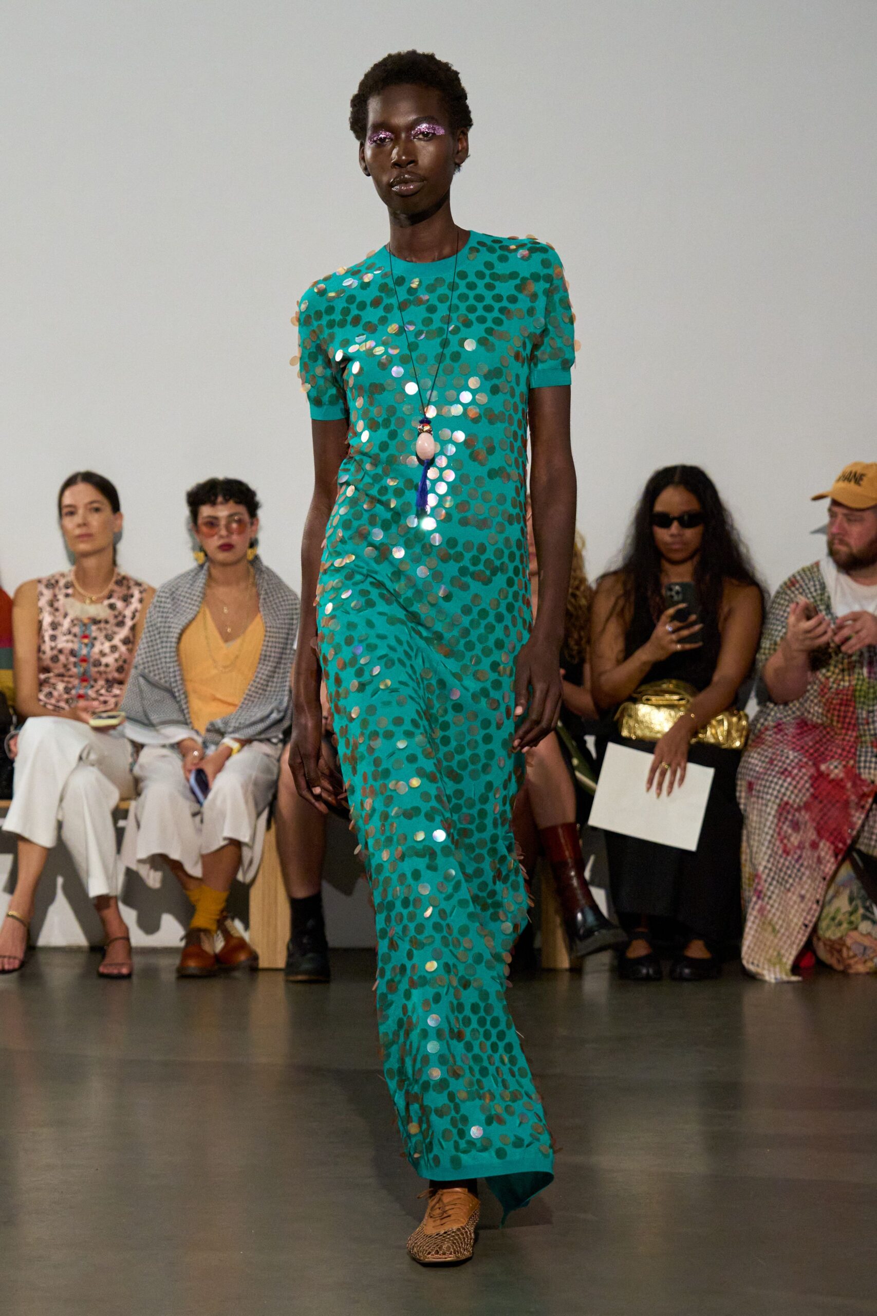 teal silk short-sleeve fitted sequined flowing shiny gown