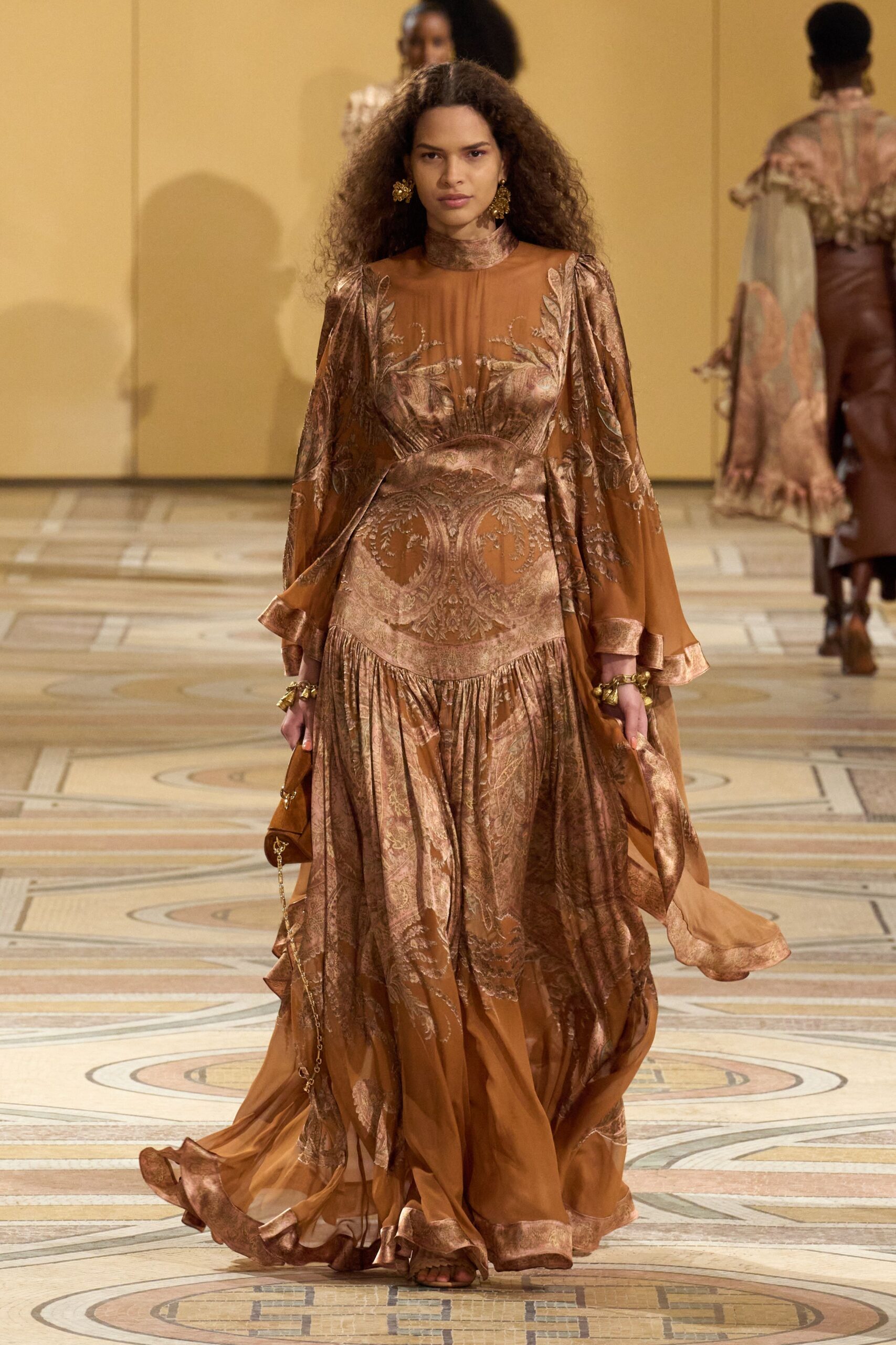 brown silk embroidered gown