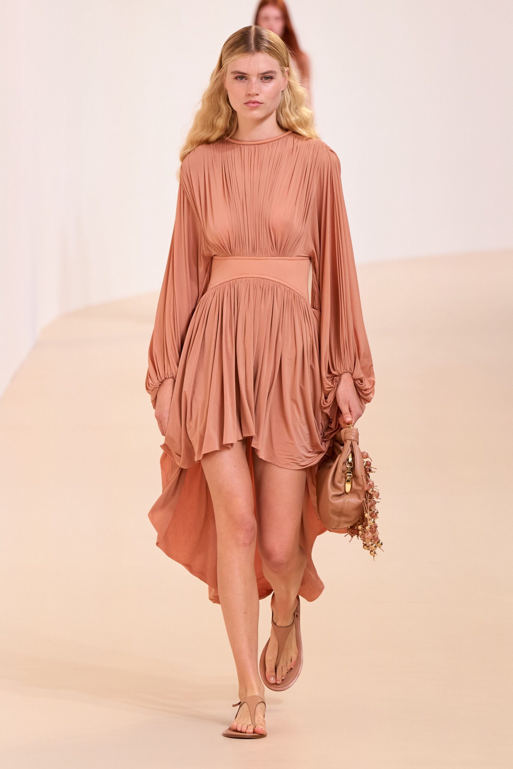 coral silk long-sleeve high-neck fitted pleated draped dress
