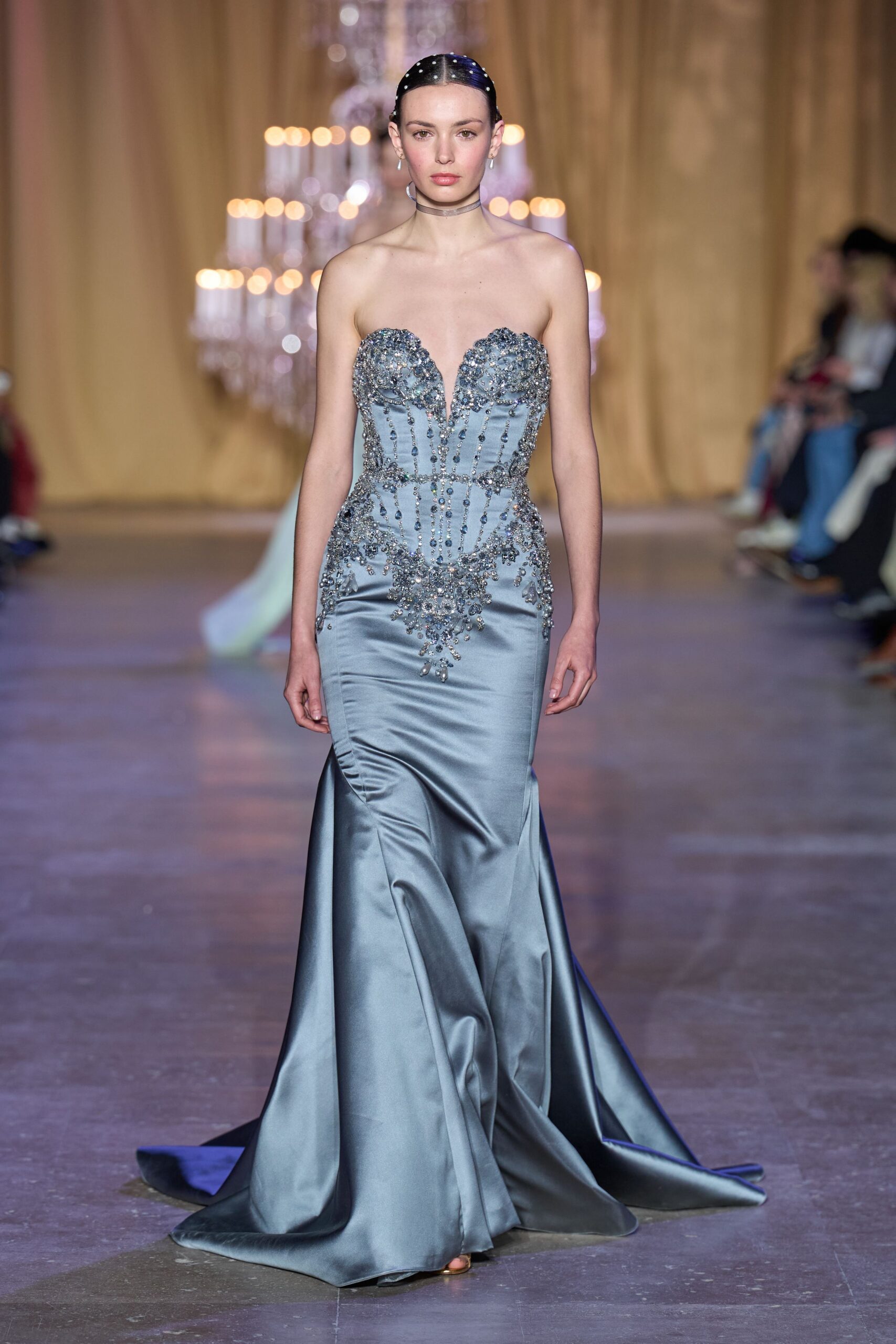 blue satin strapless gown