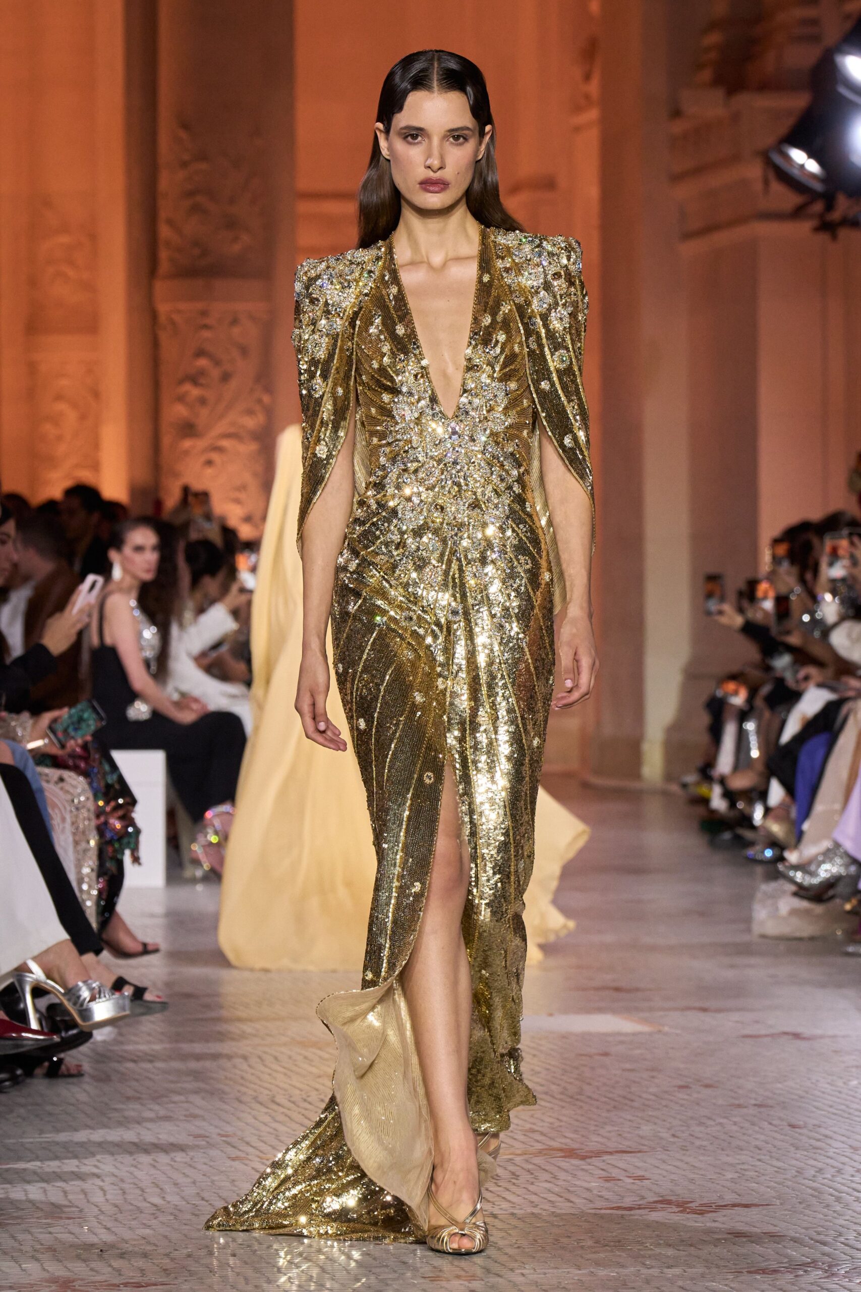 gold sequin sleeveless gown