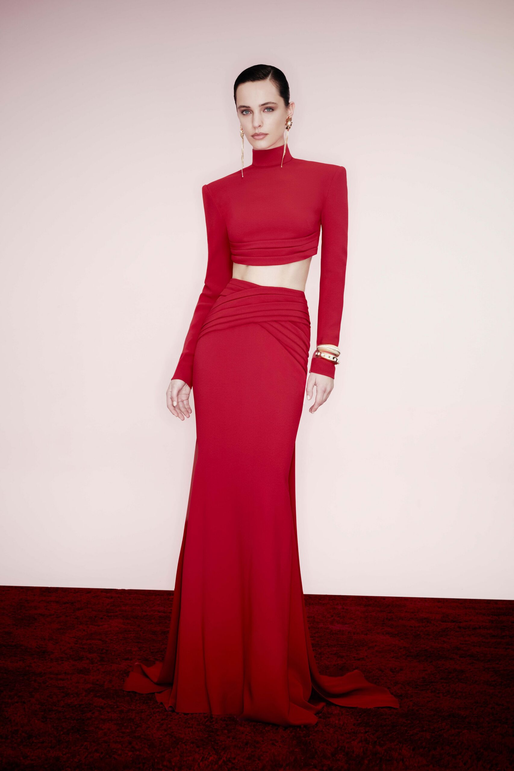 red silk long-sleeve high-neck fitted crop-top
