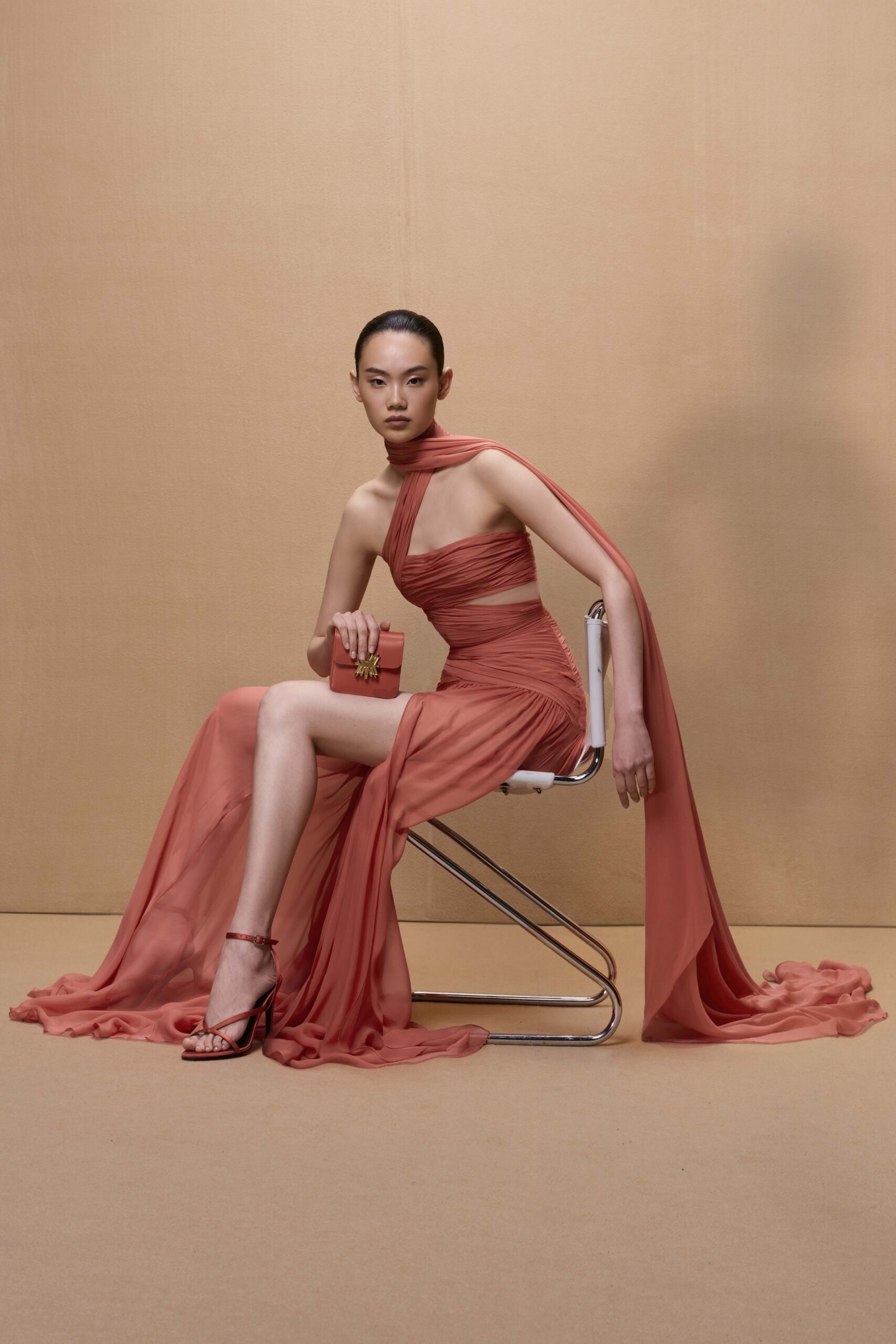 coral fitted asymmetric dress