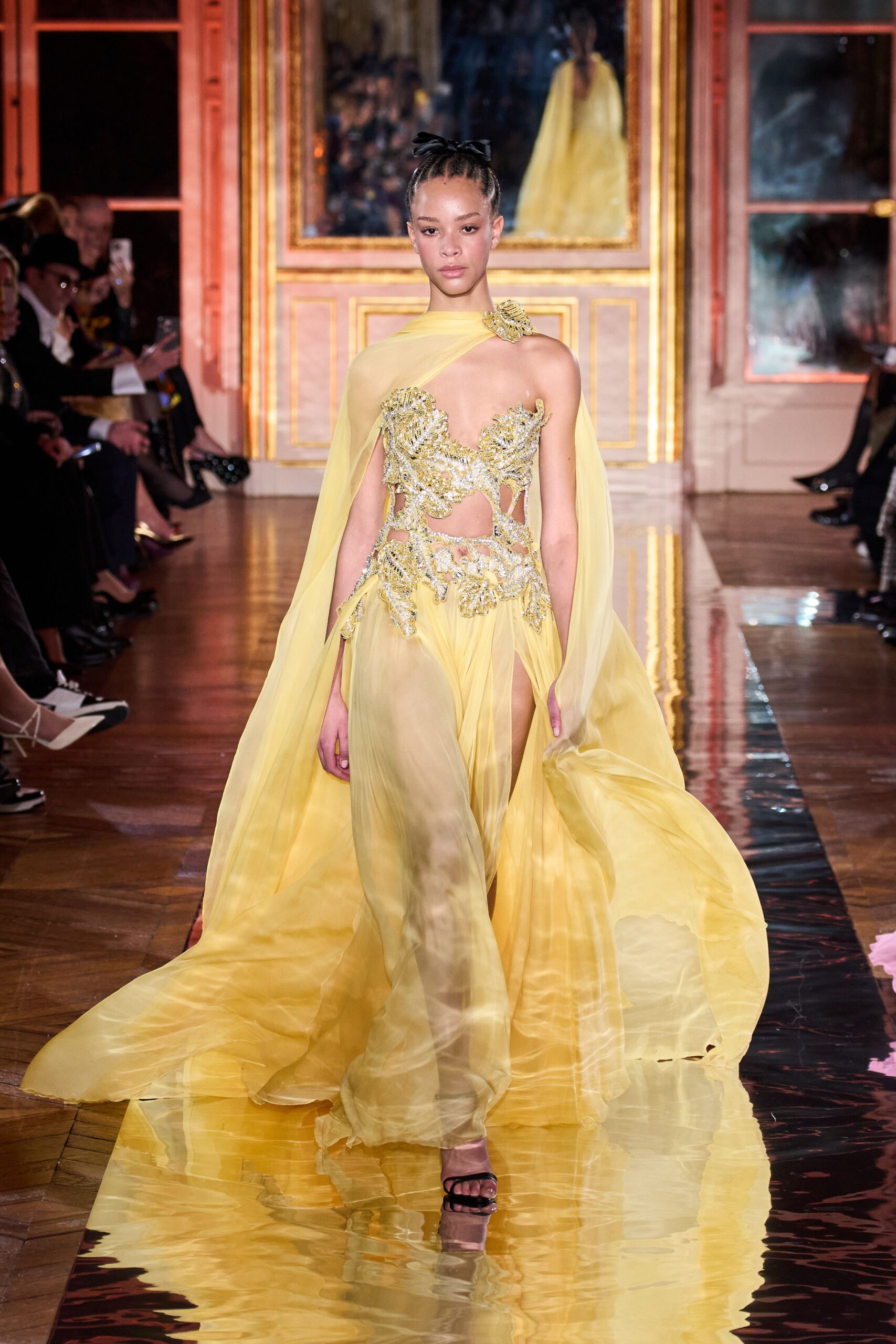 yellow silk sleeveless high-neck fitted embellished gown