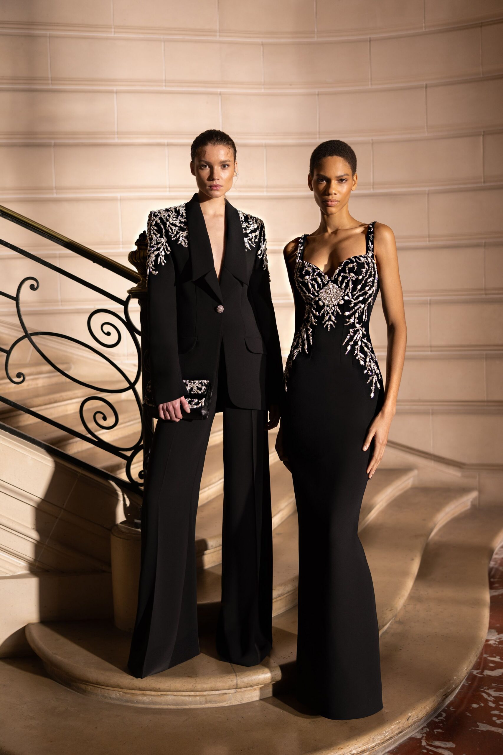 black tailored blazer and gown