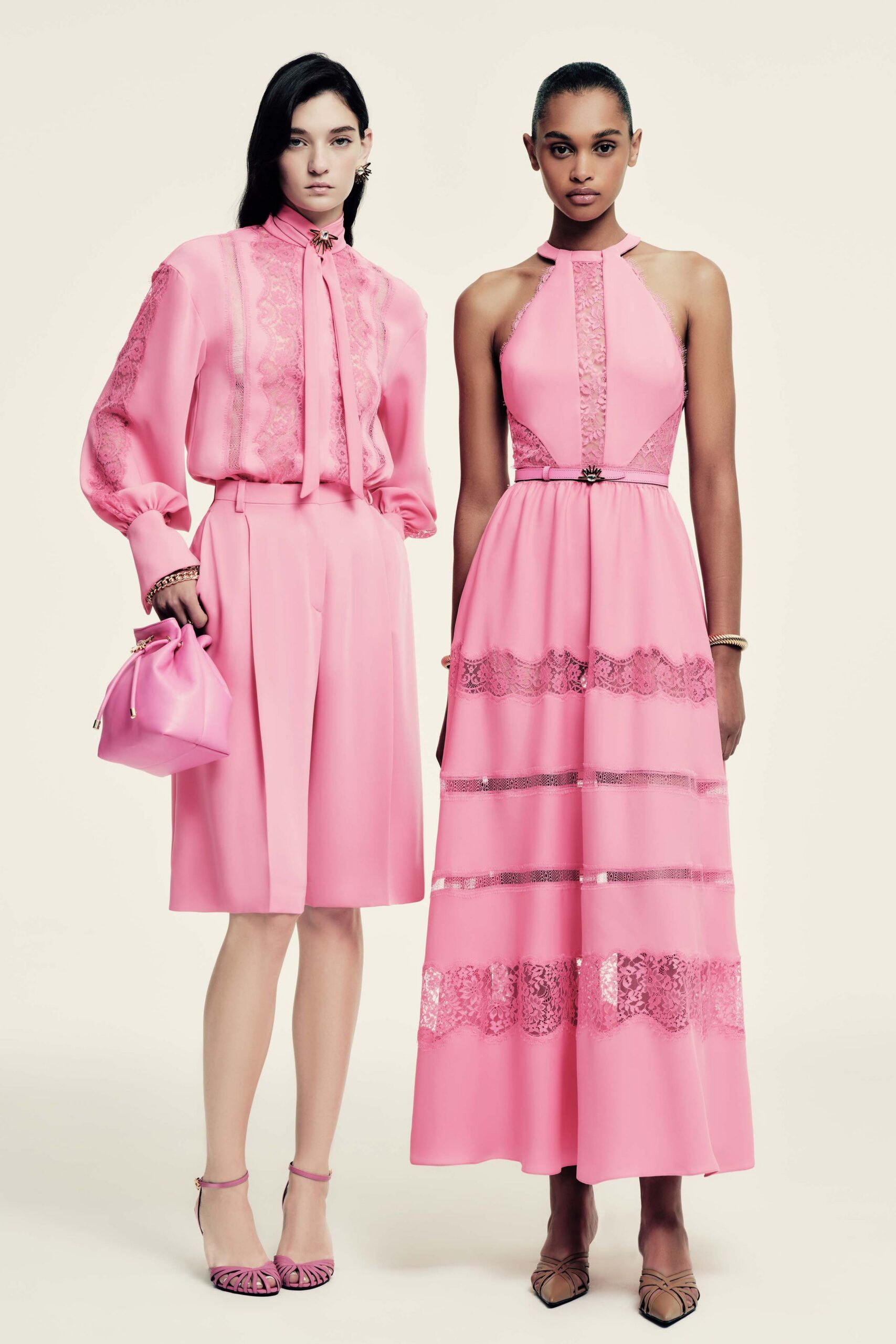 pink silk long-sleeve collared fitted embroidered blouse