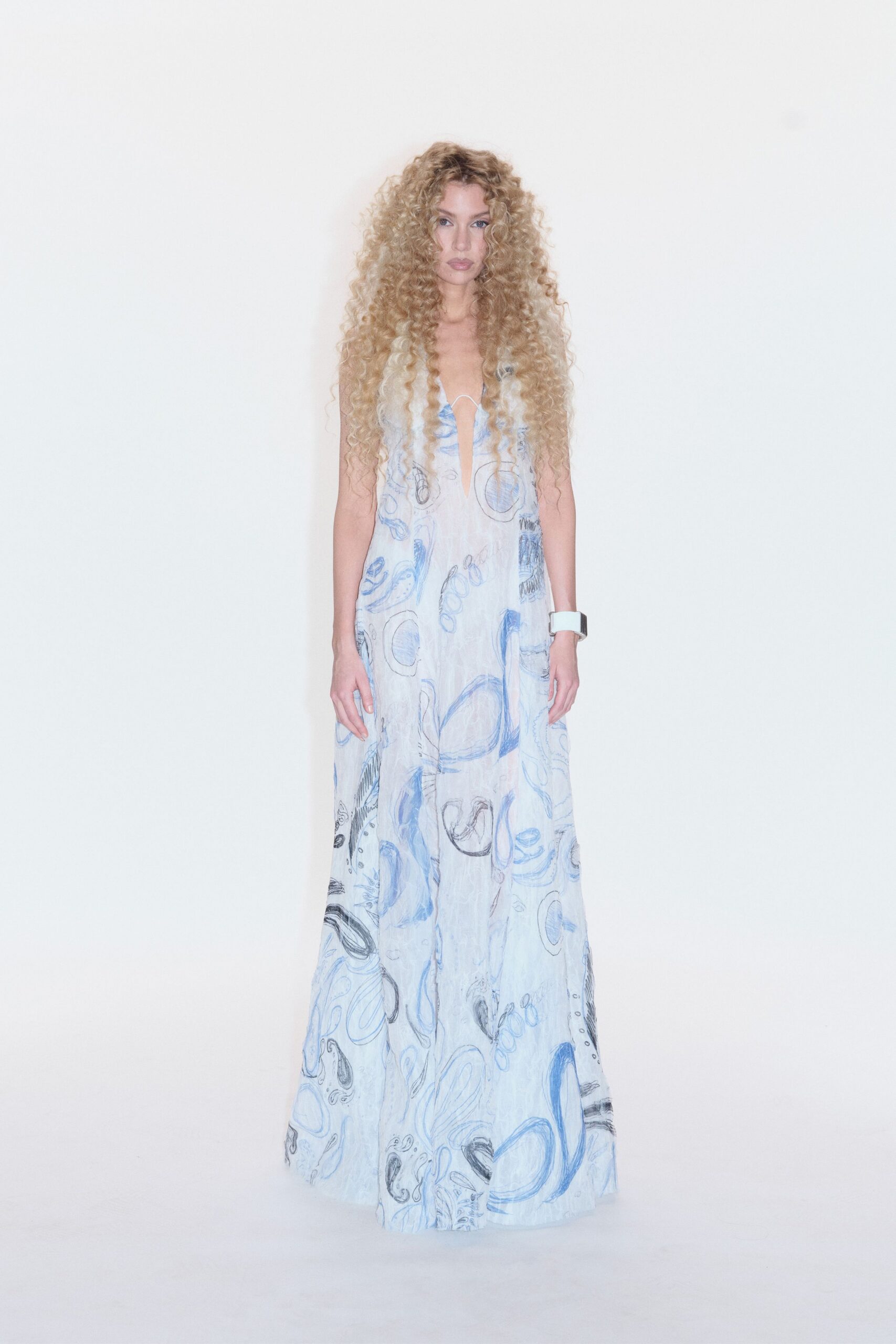 blue and white floral gown