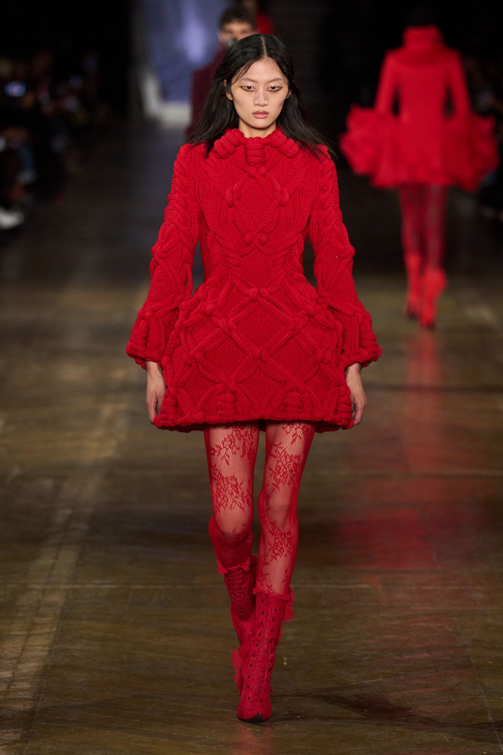 red wool long-sleeve high-neck fitted ruffled textured dress