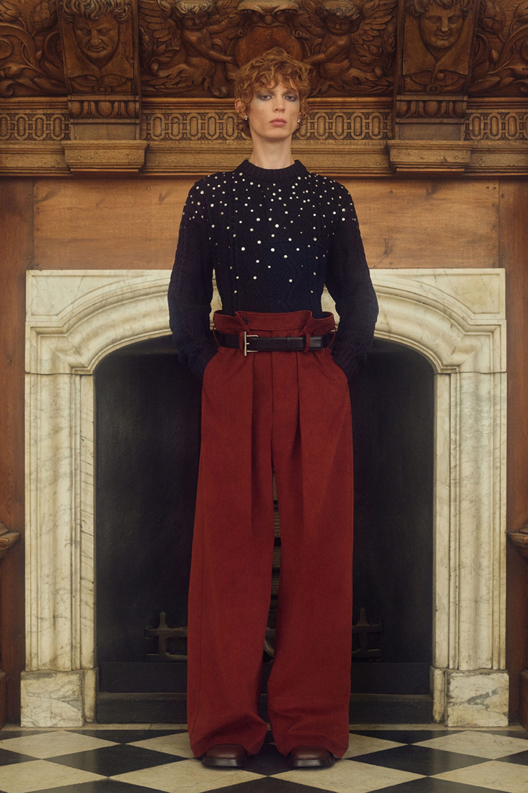 red cotton relaxed high-waisted pleated wide-leg pants
