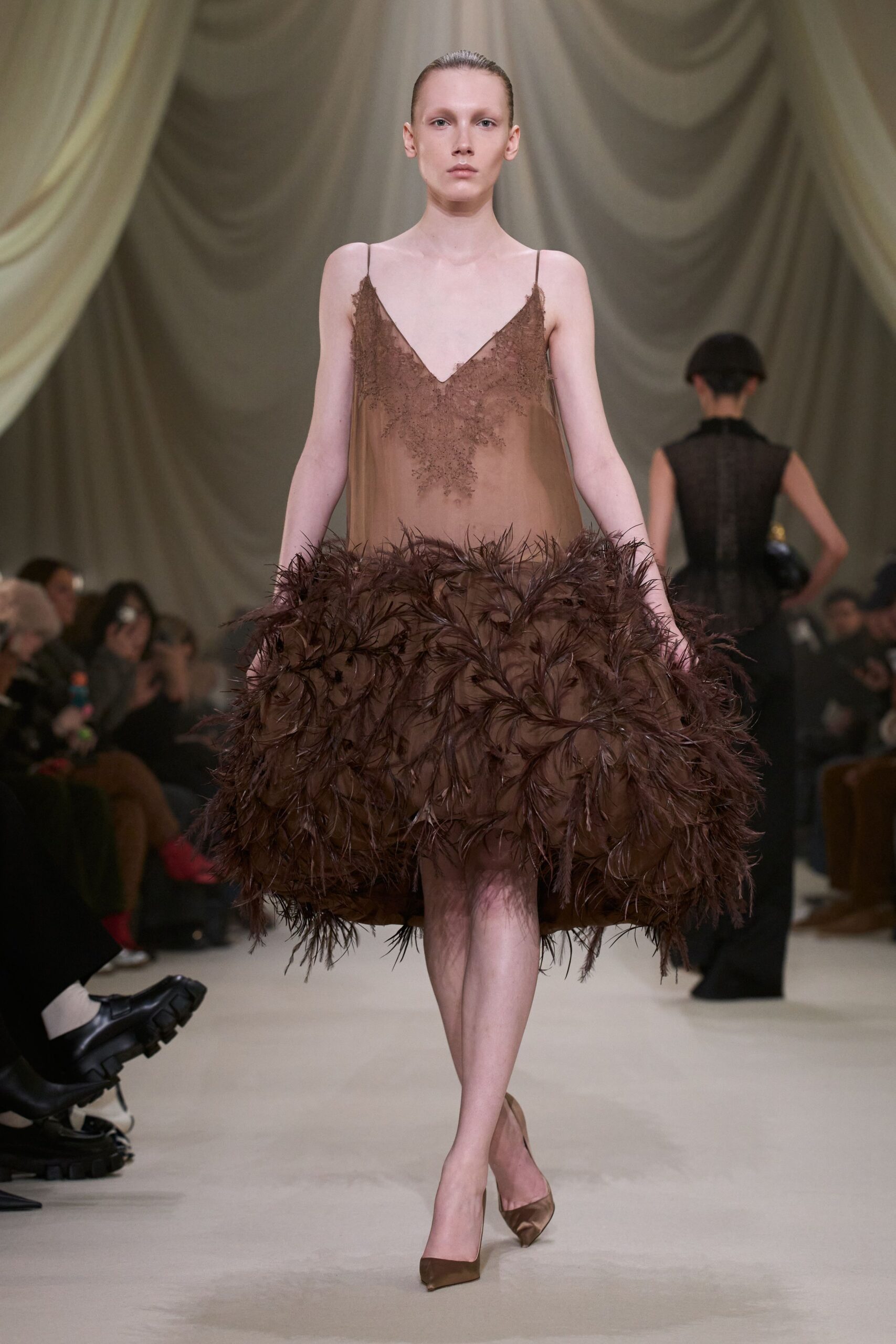 brown silk sleeveless v-neck fitted tiered flowing dress